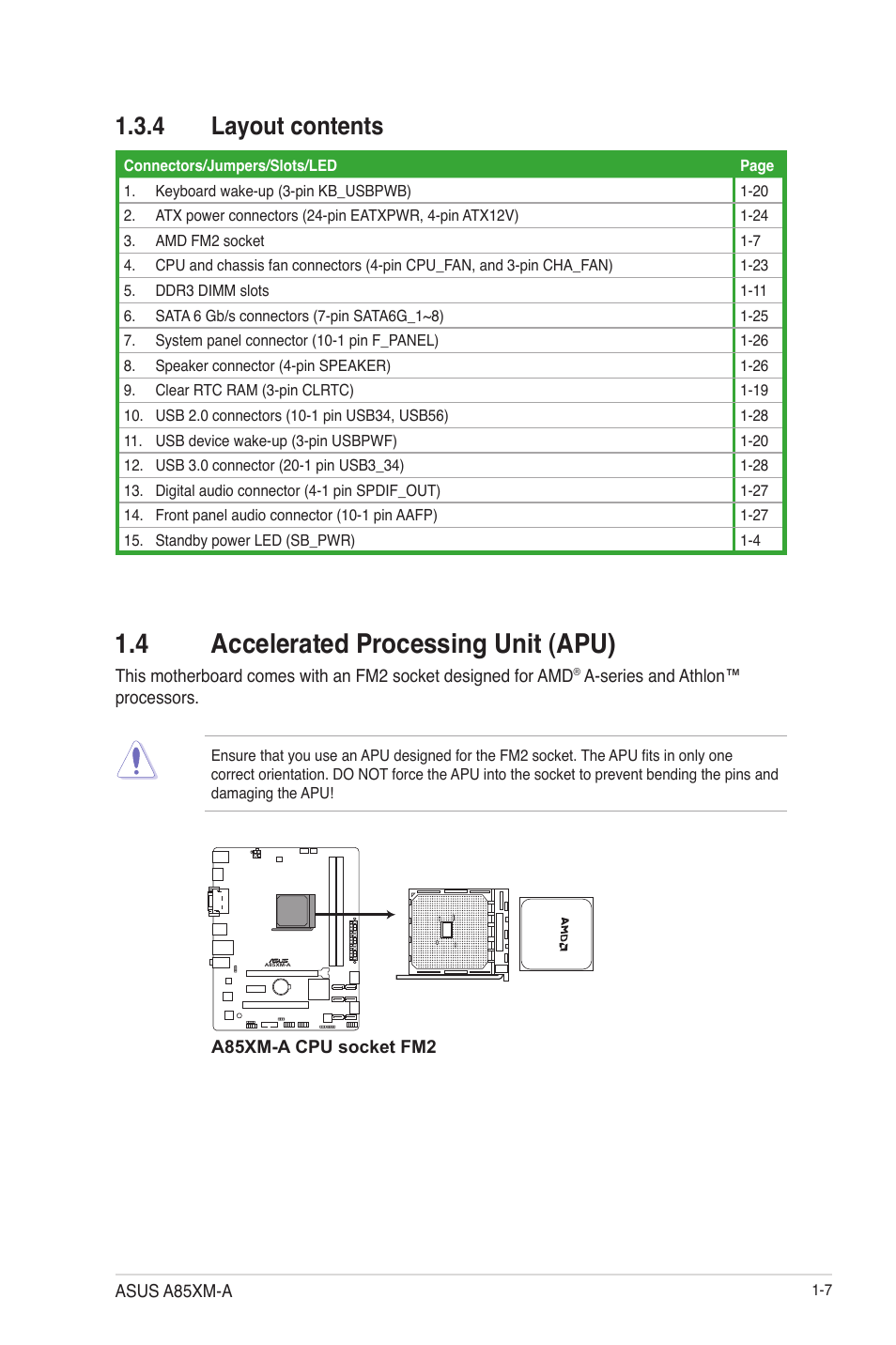 4 layout contents, 4 accelerated processing unit (apu), Layout contents -7 | 4 accelerated processing unit (apu) -7 | Asus A85XM-A User Manual | Page 19 / 78