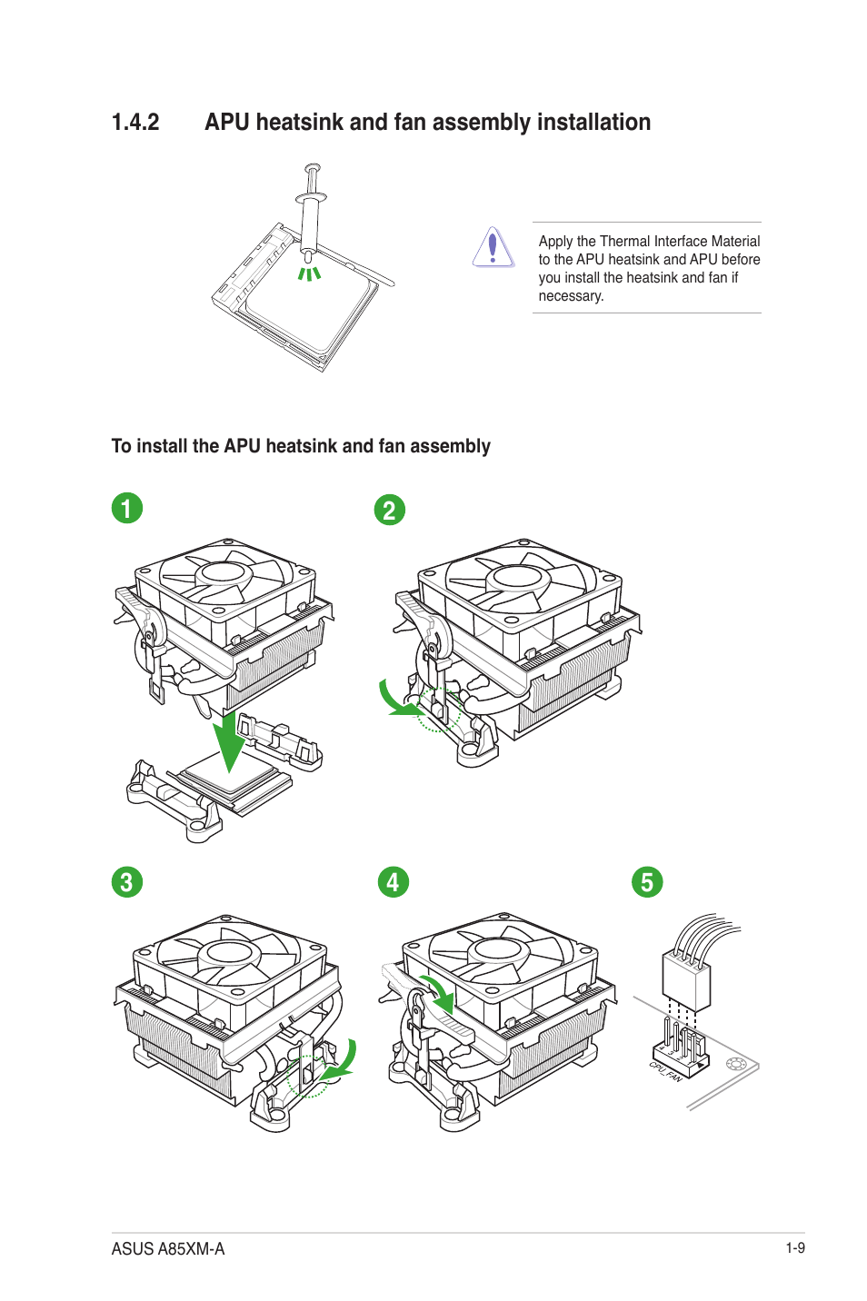 2 apu heatsink and fan assembly installation, Apu heatsink and fan assembly installation -9 | Asus A85XM-A User Manual | Page 21 / 78