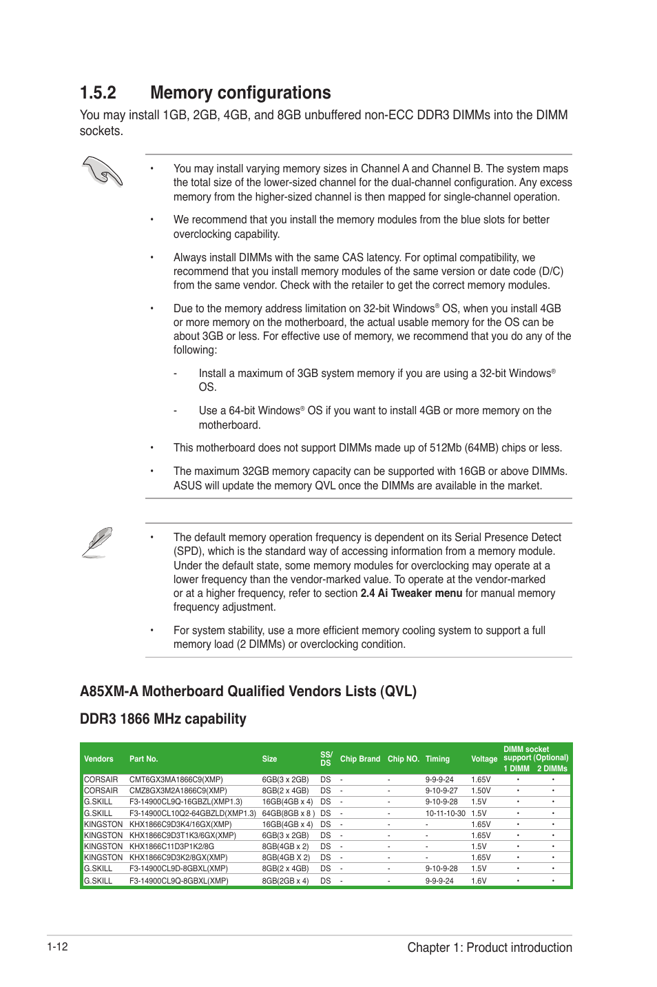 2 memory configurations, Memory configurations -12, Chapter 1: product introduction | Asus A85XM-A User Manual | Page 24 / 78