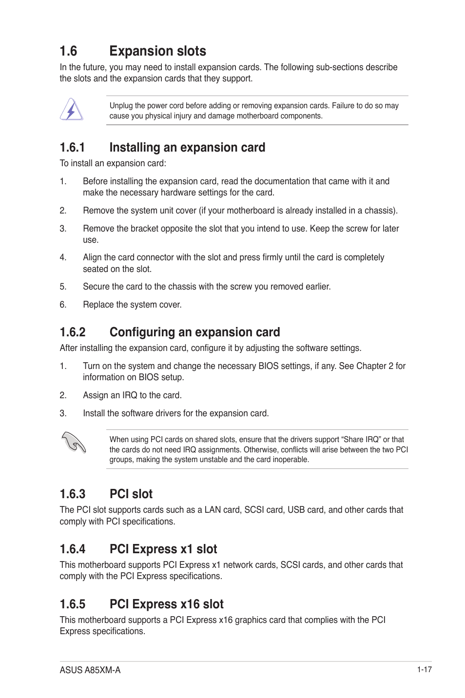 6 expansion slots, 1 installing an expansion card, 2 configuring an expansion card | 3 pci slot, 4 pci express x1 slot, 5 pci express x16 slot, 6 expansion slots -17, Installing an expansion card -17, Configuring an expansion card -17, Pci slot -17 | Asus A85XM-A User Manual | Page 29 / 78