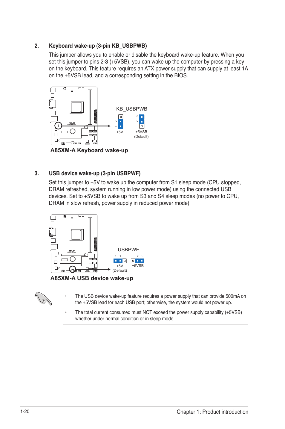 A85xm-a keyboard wake-up, A85xm-a usb device wake-up, Chapter 1: product introduction | Asus A85XM-A User Manual | Page 32 / 78