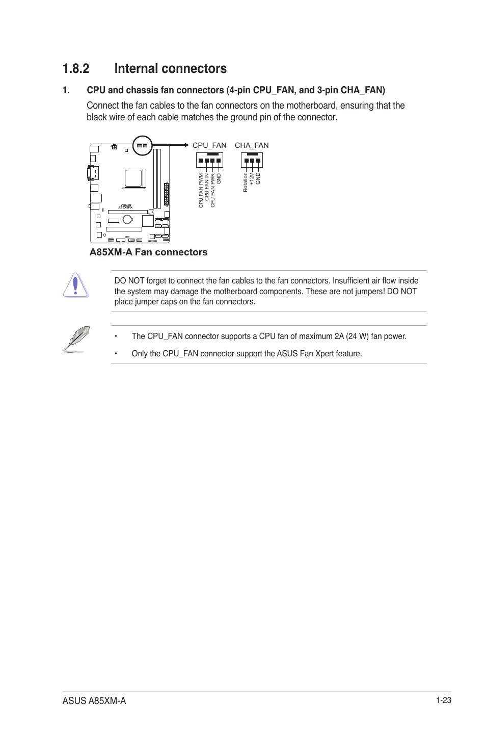 2 internal connectors, Internal connectors -23, A85xm-a fan connectors | Asus a85xm-a | Asus A85XM-A User Manual | Page 35 / 78