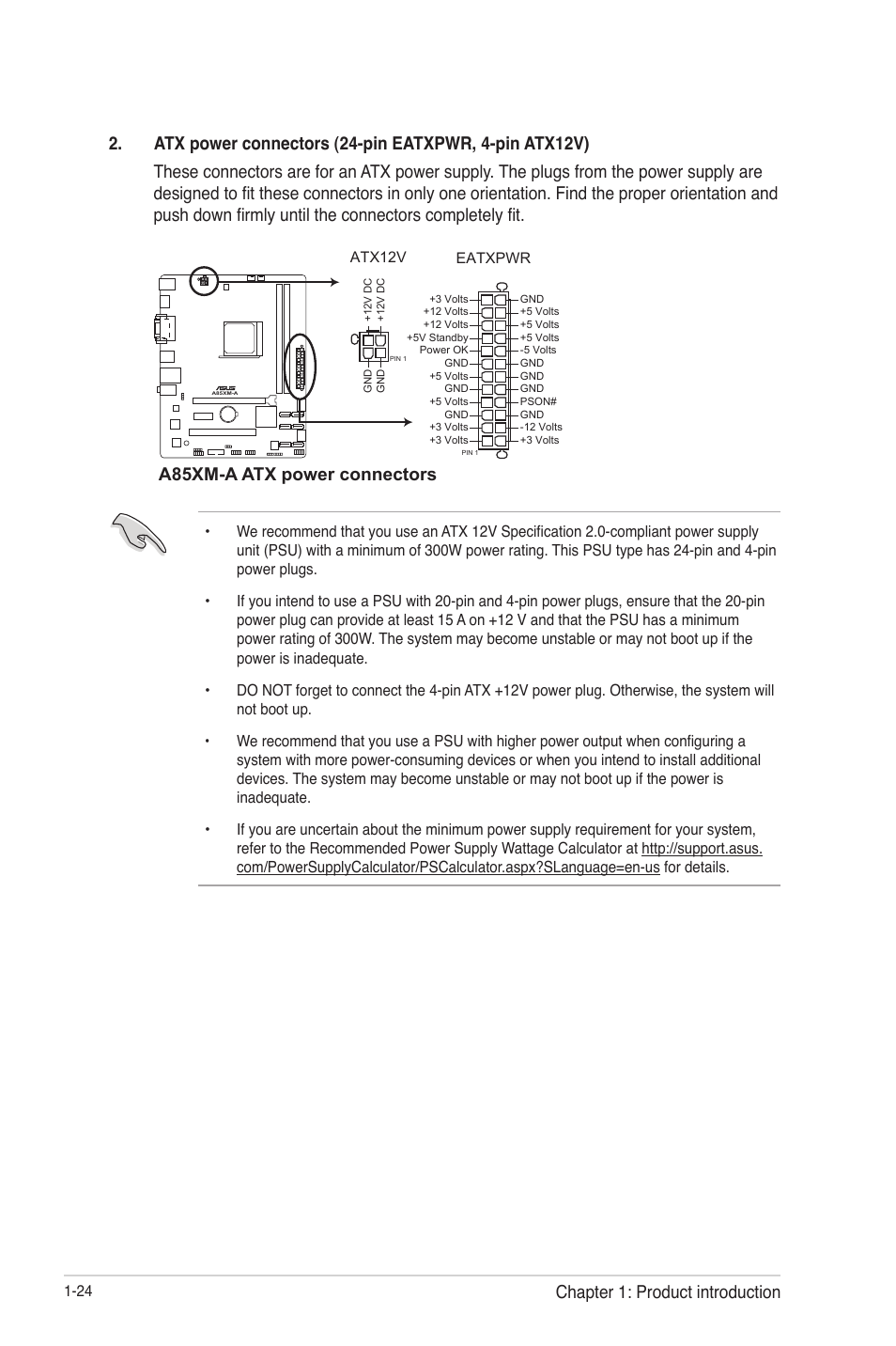 A85xm-a atx power connectors, Chapter 1: product introduction | Asus A85XM-A User Manual | Page 36 / 78