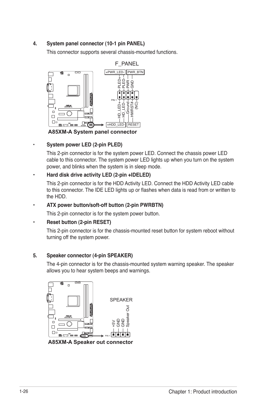 F_panel, A85xm-a system panel connector, A85xm-a speaker out connector | Chapter 1: product introduction | Asus A85XM-A User Manual | Page 38 / 78