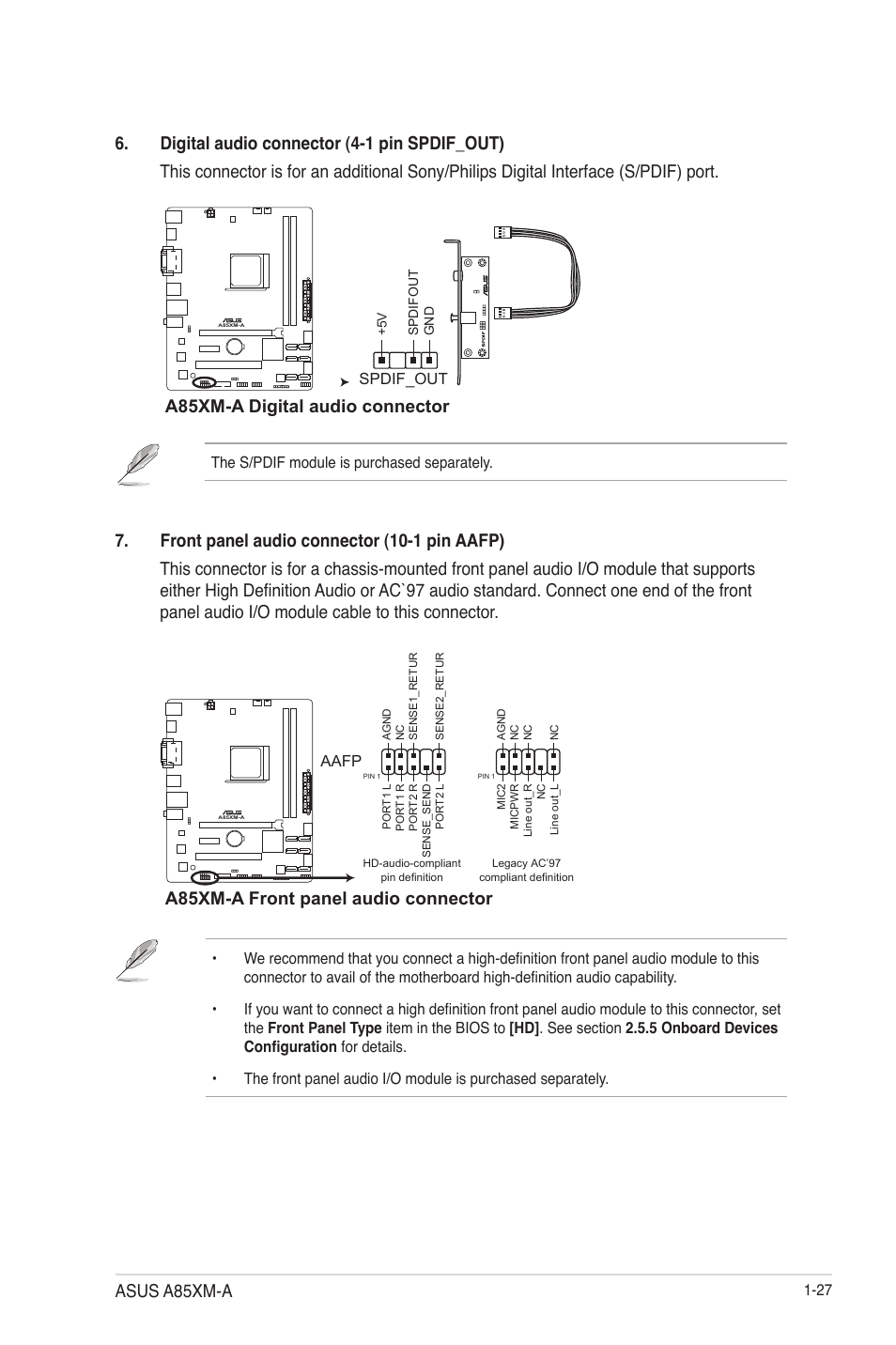 A85xm-a digital audio connector, A85xm-a front panel audio connector, Asus a85xm-a | Asus A85XM-A User Manual | Page 39 / 78