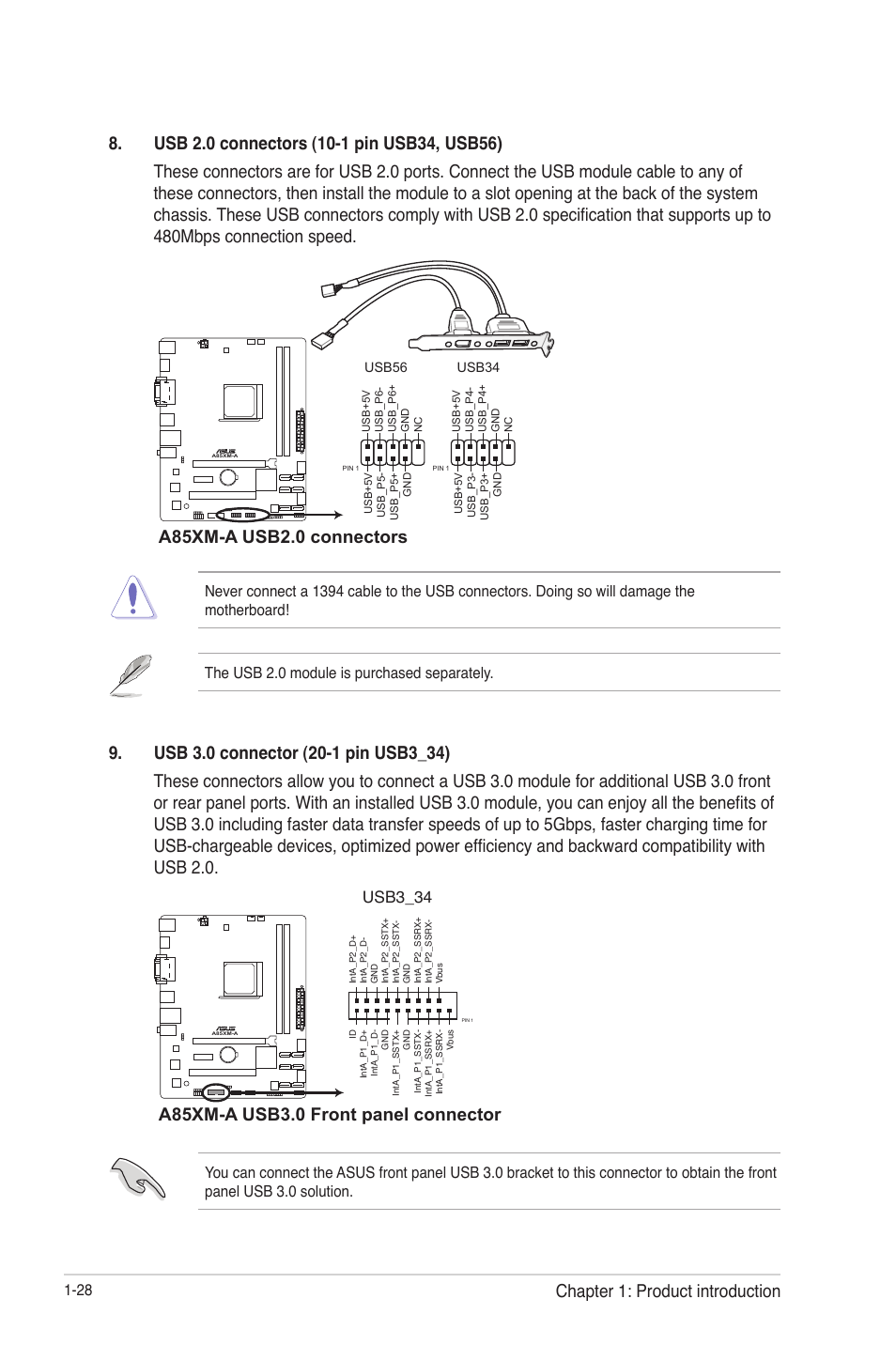 A85xm-a usb2.0 connectors, A85xm-a usb3.0 front panel connector, Chapter 1: product introduction | Usb3_34 | Asus A85XM-A User Manual | Page 40 / 78