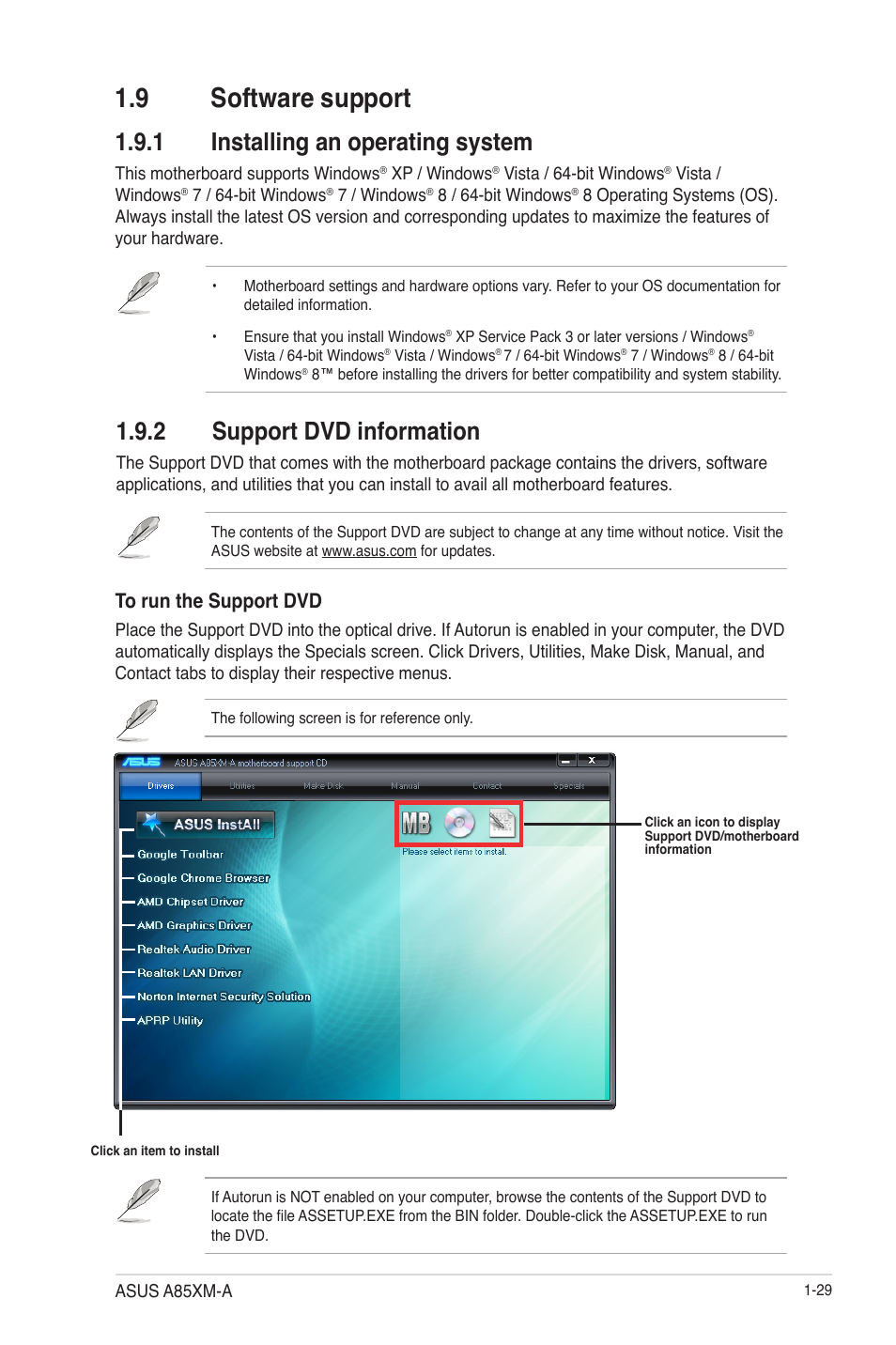 9 software support, 1 installing an operating system, 2 support dvd information | 9 software support -29, Installing an operating system -29, Support dvd information -29 | Asus A85XM-A User Manual | Page 41 / 78