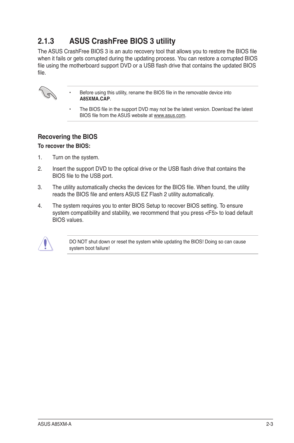 3 asus crashfree bios 3 utility, Asus crashfree bios 3 utility -3 | Asus A85XM-A User Manual | Page 45 / 78