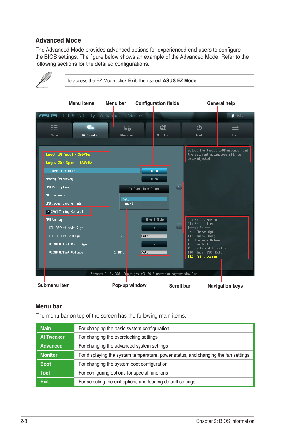 Advanced mode, Menu bar | Asus A85XM-A User Manual | Page 50 / 78