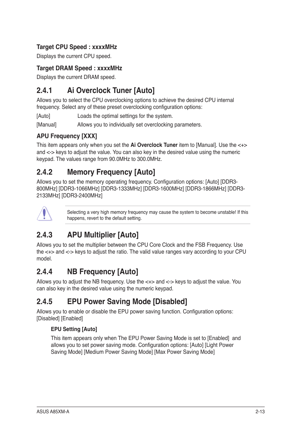 1 ai overclock tuner [auto, 2 memory frequency [auto, 3 apu multiplier [auto | 4 nb frequency [auto, 5 epu power saving mode [disabled, Ai overclock tuner [auto] -13, Memory frequency [auto] -13, Apu multiplier [auto] -13, Nb frequency [auto] -13, Epu power saving mode [disabled] -13 | Asus A85XM-A User Manual | Page 55 / 78