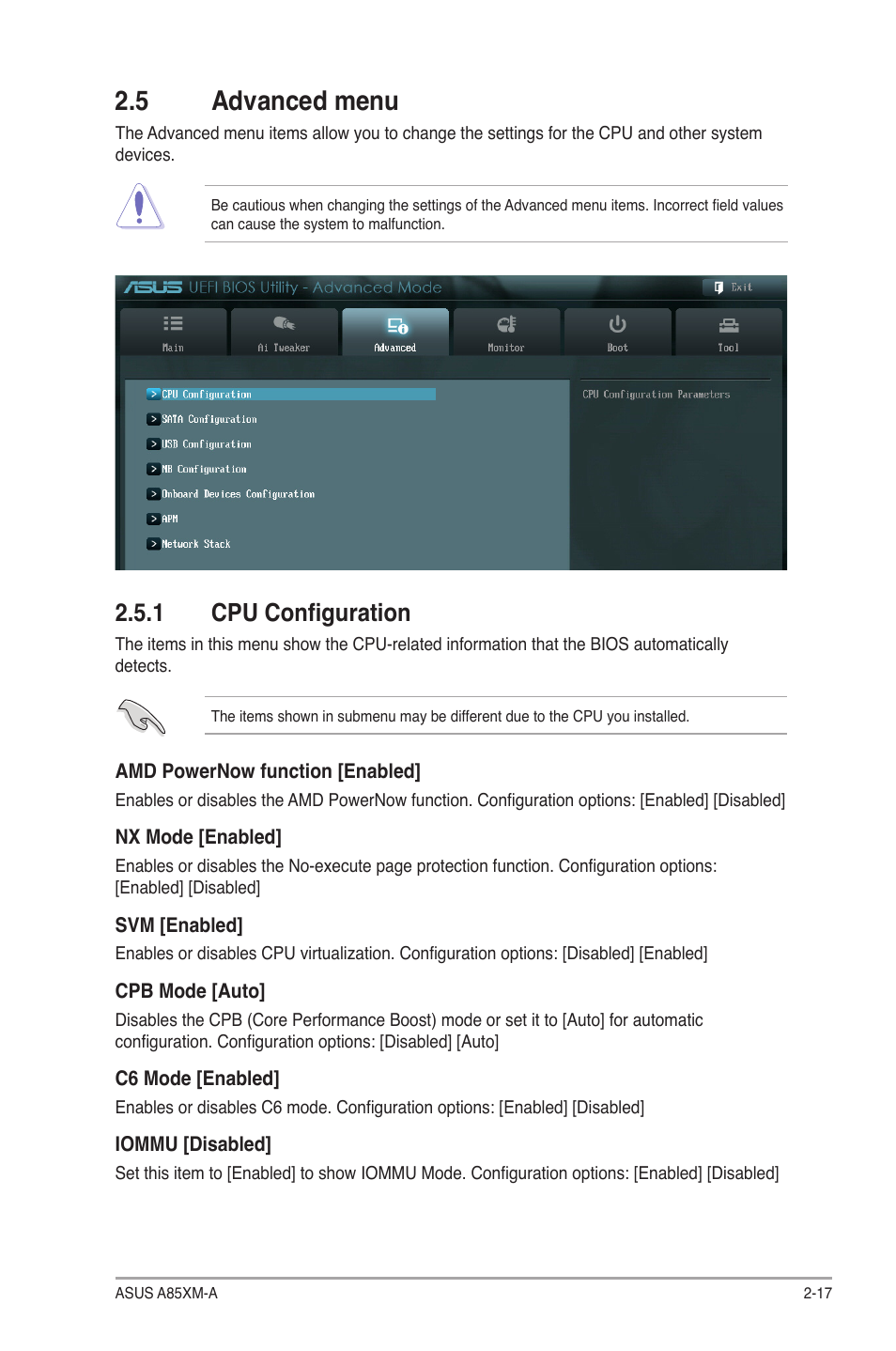 5 advanced menu, 1 cpu configuration, 5 advanced menu -17 | Cpu configuration -17 | Asus A85XM-A User Manual | Page 59 / 78