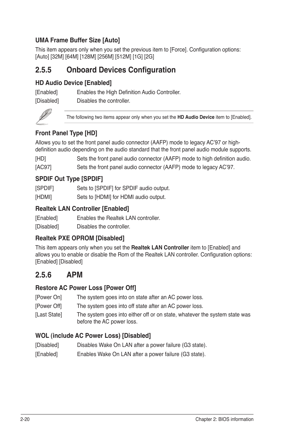 5 onboard devices configuration, 6 apm, Onboard devices configuration -20 | Apm -20 | Asus A85XM-A User Manual | Page 62 / 78