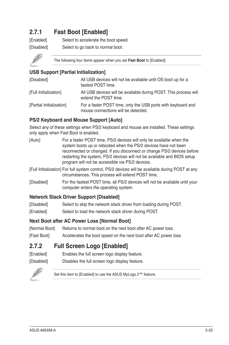 1 fast boot [enabled, 2 full screen logo [enabled, Fast boot [enabled] -25 | Full screen logo [enabled] -25 | Asus A85XM-A User Manual | Page 67 / 78