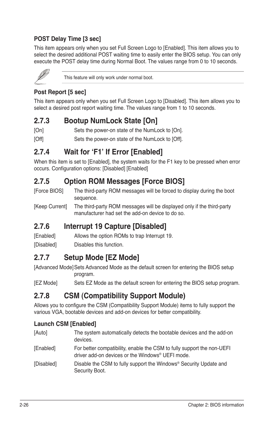 3 bootup numlock state [on, 4 wait for ‘f1’ if error [enabled, 5 option rom messages [force bios | 6 interrupt 19 capture [disabled, 7 setup mode [ez mode, 8 csm (compatibility support module), Bootup numlock state [on] -26, Wait for ‘f1’ if error [enabled] -26, Option rom messages [force bios] -26, Interrupt 19 capture [disabled] -26 | Asus A85XM-A User Manual | Page 68 / 78