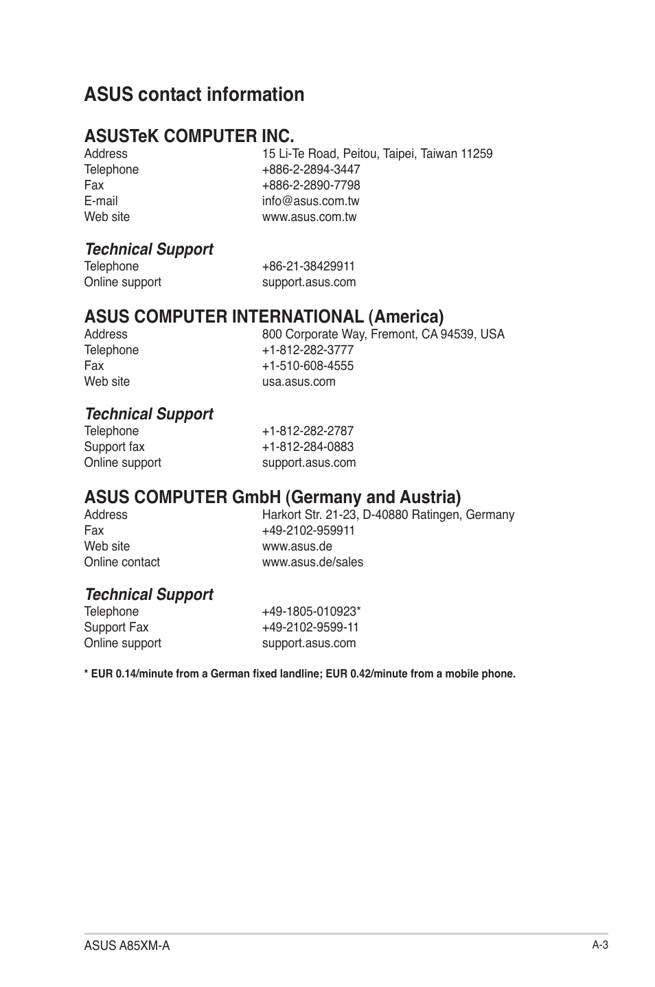 Asus contact information, Asustek computer inc, Asus computer international (america) | Asus computer gmbh (germany and austria), Technical support | Asus A85XM-A User Manual | Page 77 / 78