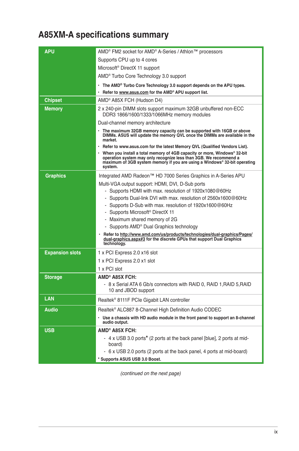 A85xm-a specifications summary | Asus A85XM-A User Manual | Page 9 / 78