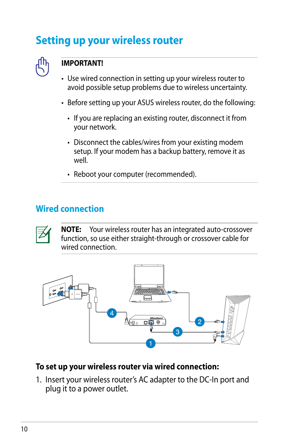 Setting up your wireless router, Wired connection | Asus RT-N56U User Manual | Page 10 / 68