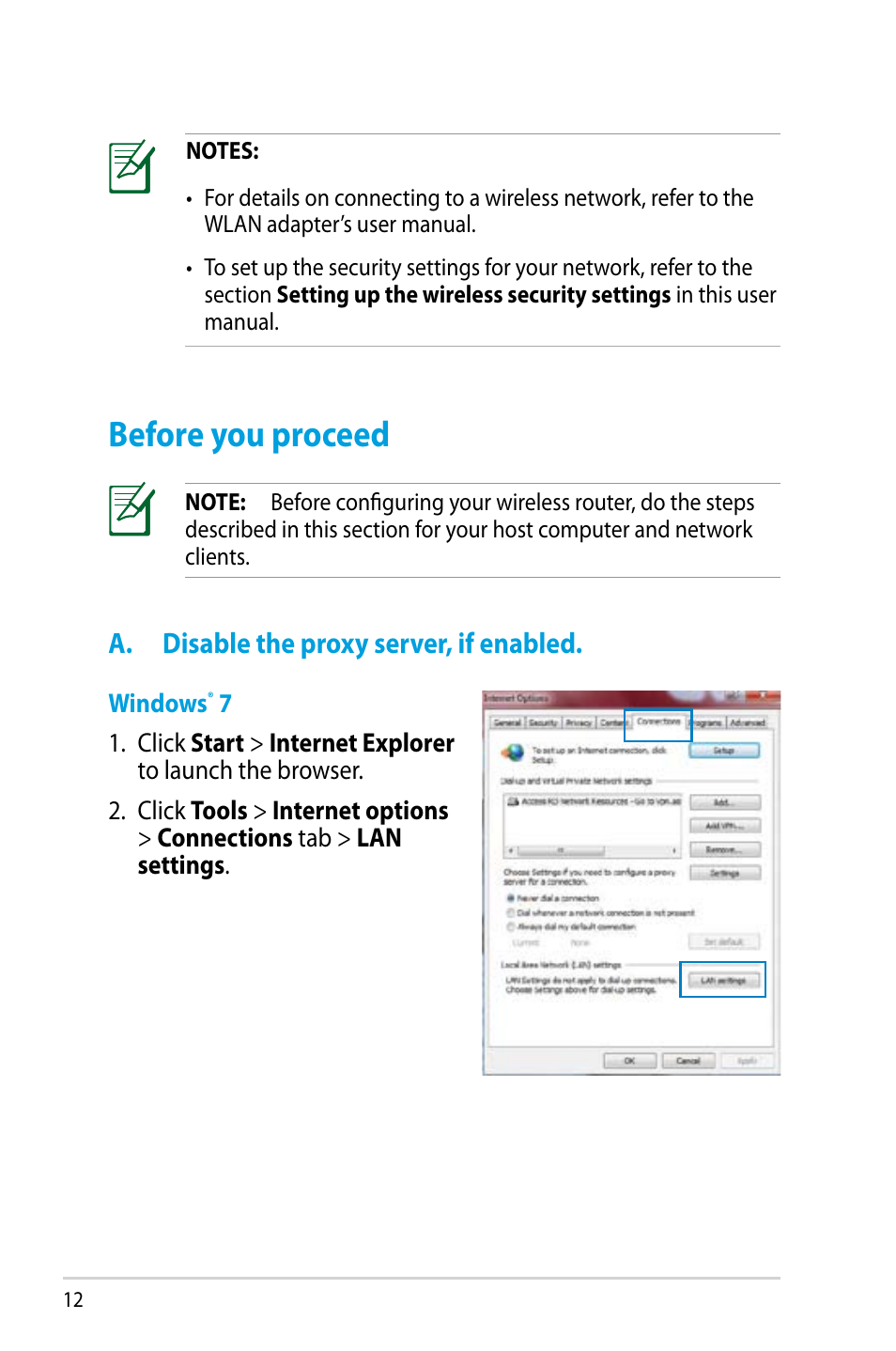 Before you proceed, A. disable the proxy server, if enabled | Asus RT-N56U User Manual | Page 12 / 68