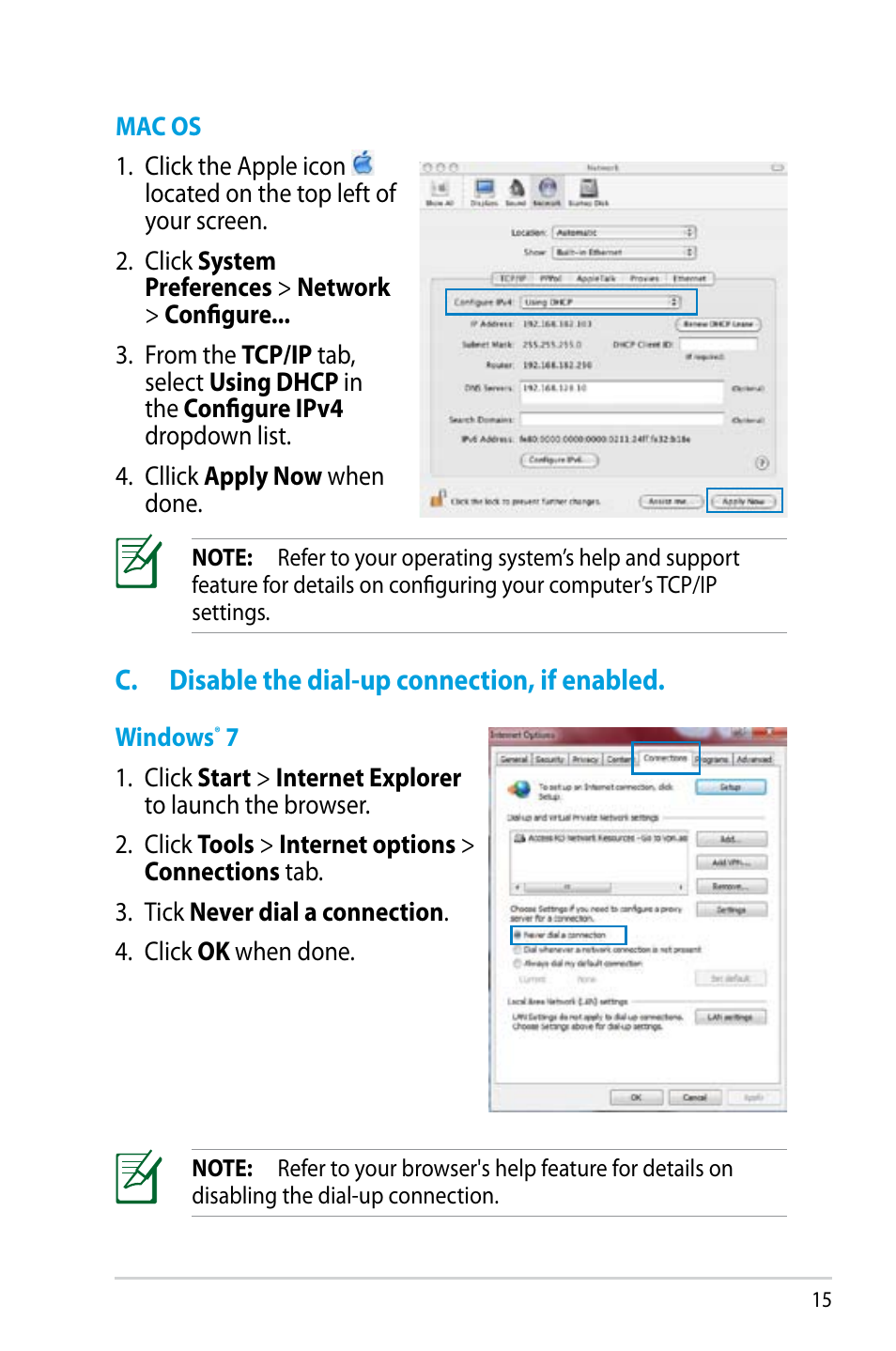 C. disable the dial-up connection, if enabled | Asus RT-N56U User Manual | Page 15 / 68