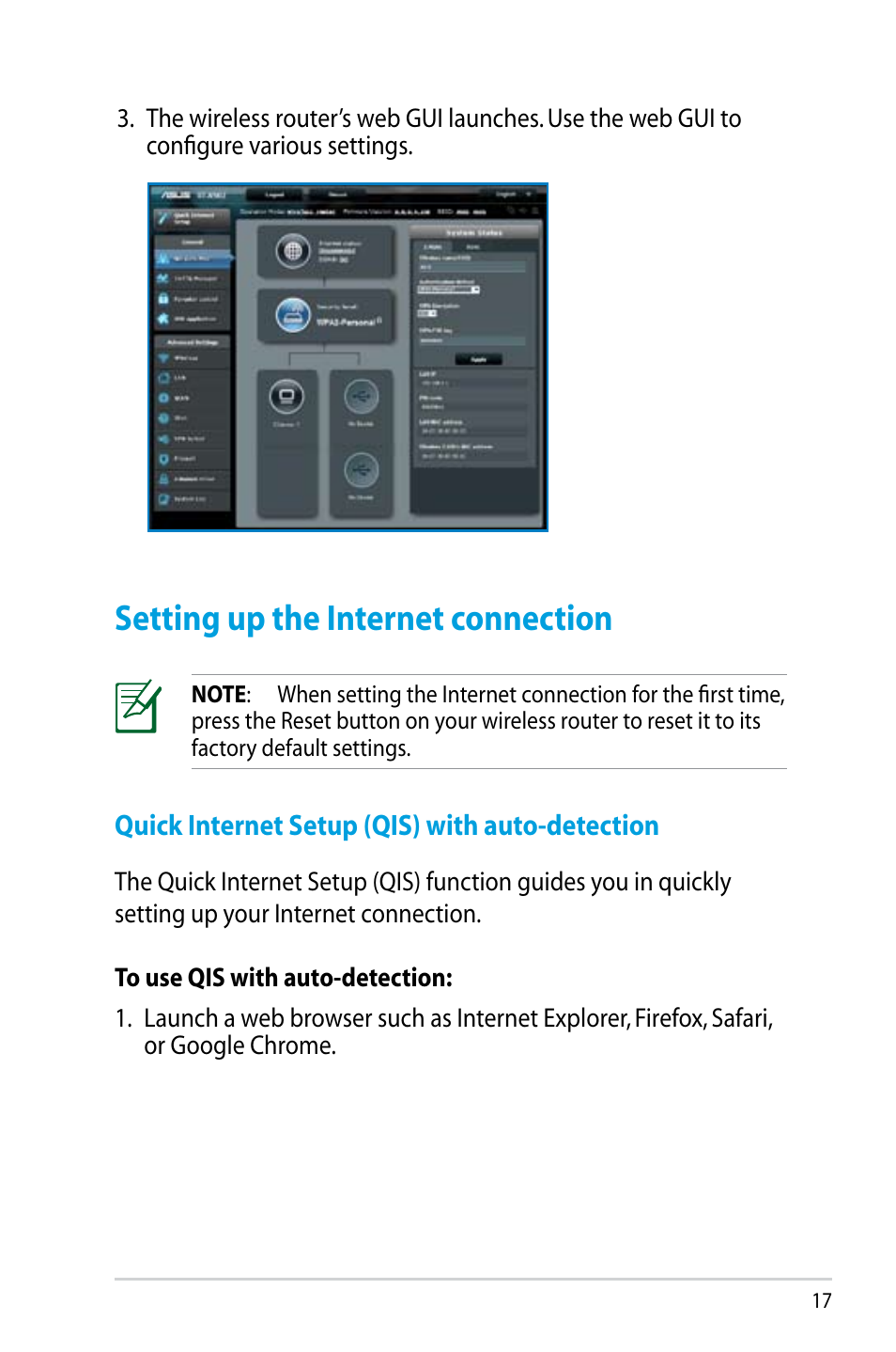 Setting up the internet connection, Quick internet setup (qis) with auto-detection | Asus RT-N56U User Manual | Page 17 / 68