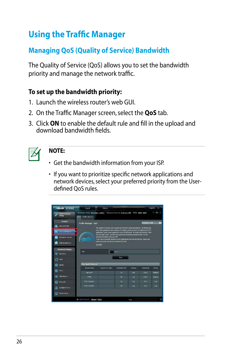 Using the traffic manager, Managing qos (quality of service) bandwidth | Asus RT-N56U User Manual | Page 26 / 68