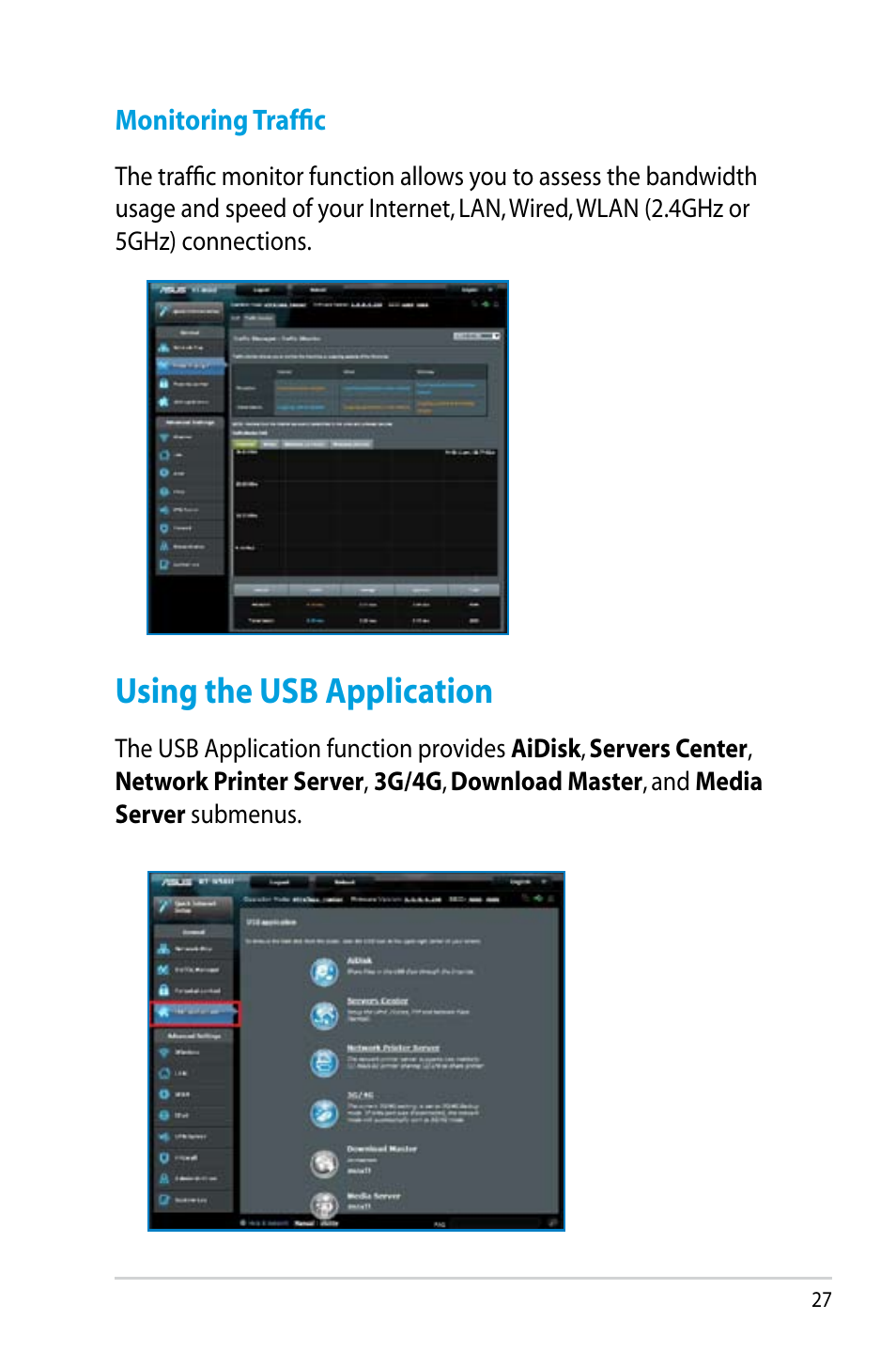 Monitoring traffic, Using the usb application | Asus RT-N56U User Manual | Page 27 / 68
