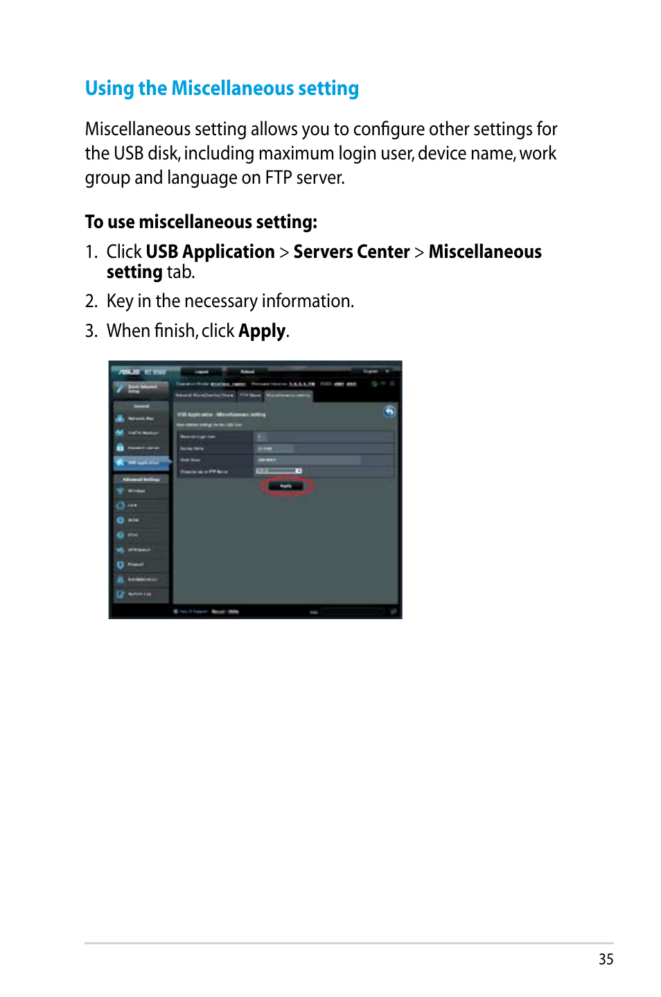 Using the miscellaneous setting | Asus RT-N56U User Manual | Page 35 / 68