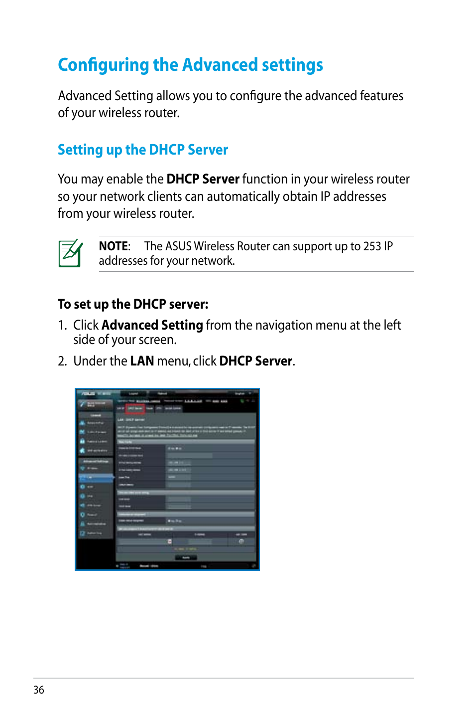Configuring the advanced settings, Setting up the dhcp server | Asus RT-N56U User Manual | Page 36 / 68