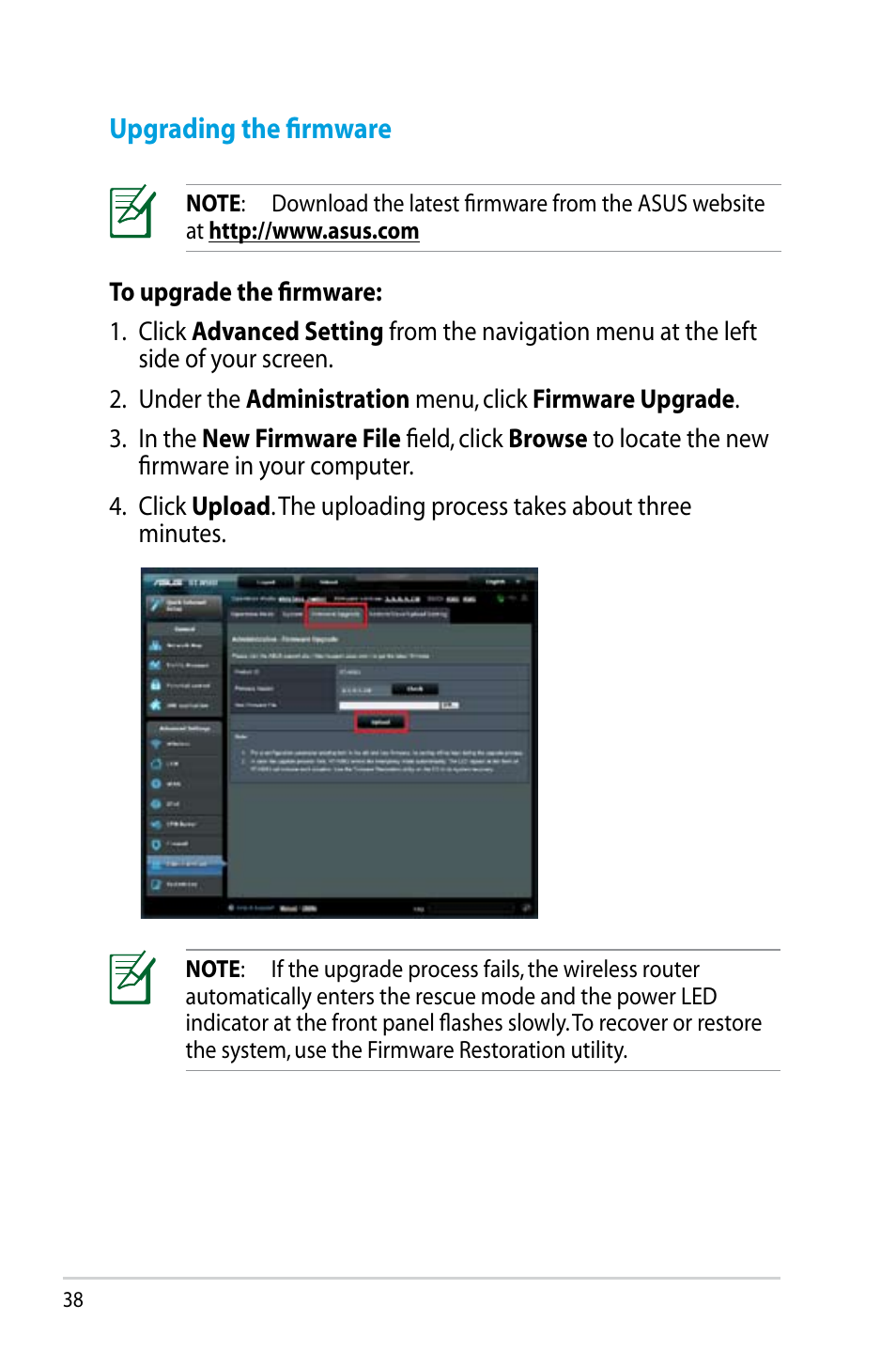 Upgrading the firmware | Asus RT-N56U User Manual | Page 38 / 68