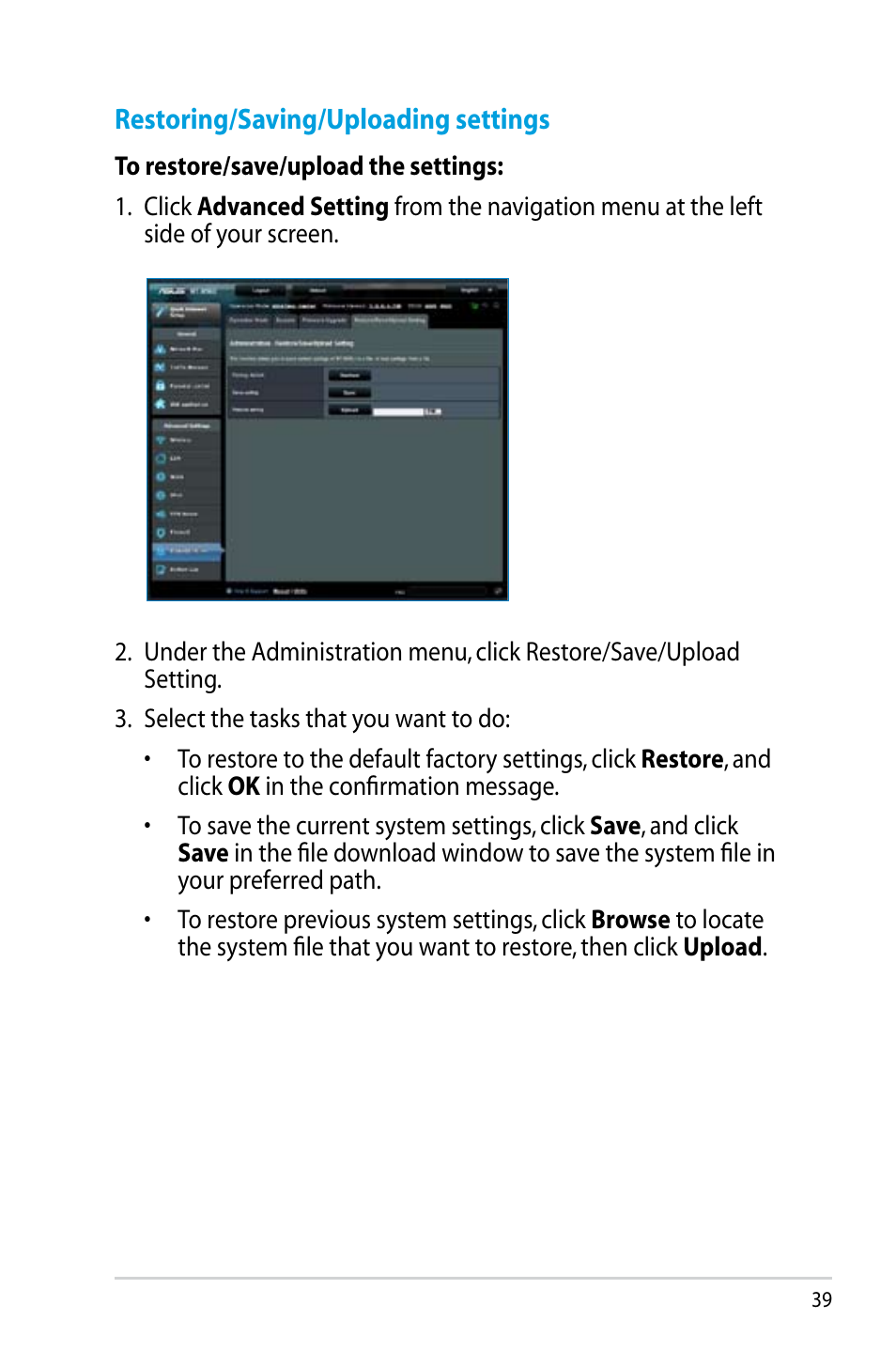 Restoring/saving/uploading settings | Asus RT-N56U User Manual | Page 39 / 68