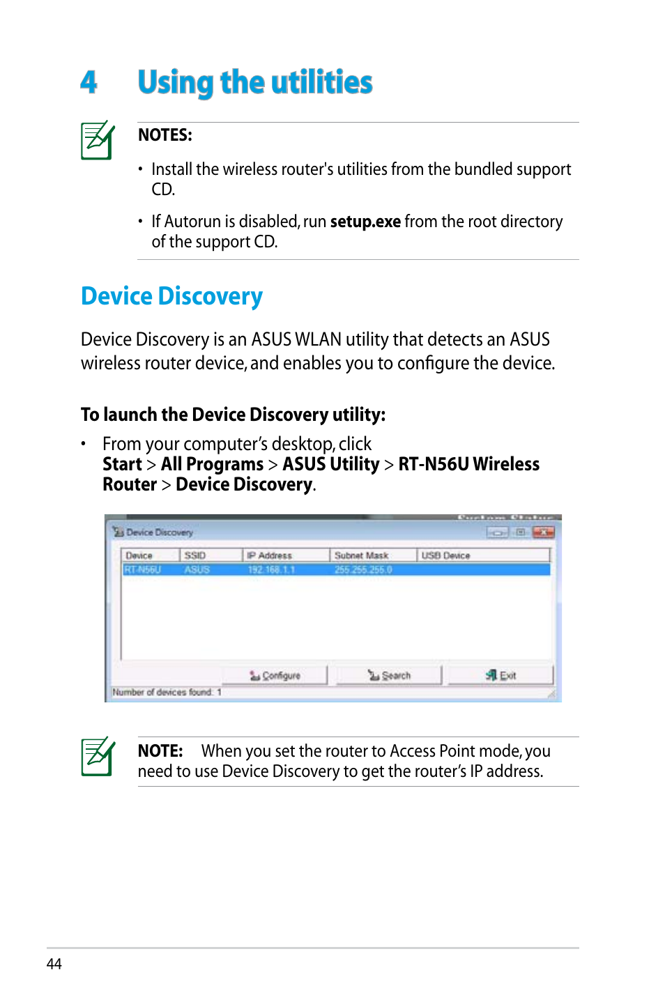 4 using the utilities, Device discovery | Asus RT-N56U User Manual | Page 44 / 68