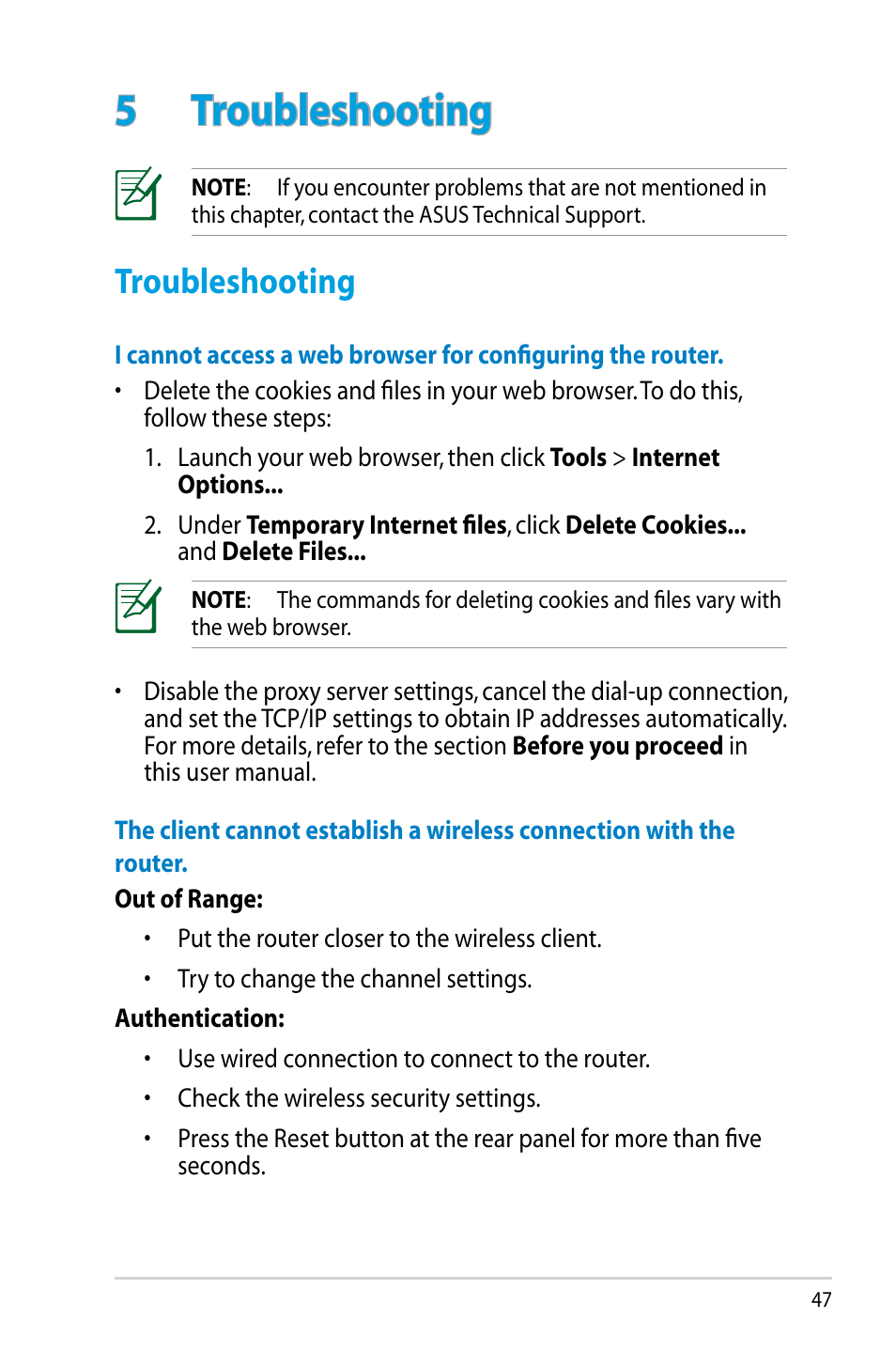 5 troubleshooting, Troubleshooting | Asus RT-N56U User Manual | Page 47 / 68