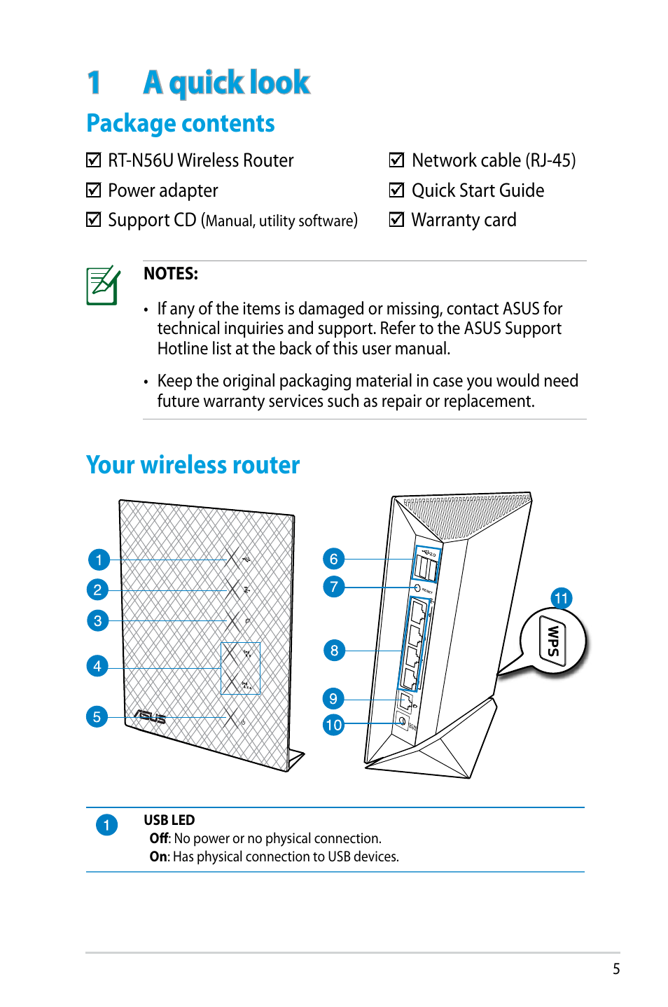 1 a quick look, Package contents, Your wireless router | Package contents your wireless router, Your wireless router package contents | Asus RT-N56U User Manual | Page 5 / 68