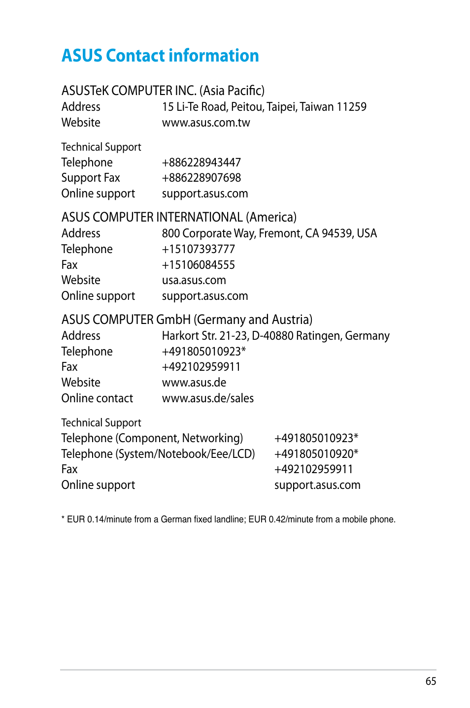 Asus contact information | Asus RT-N56U User Manual | Page 65 / 68