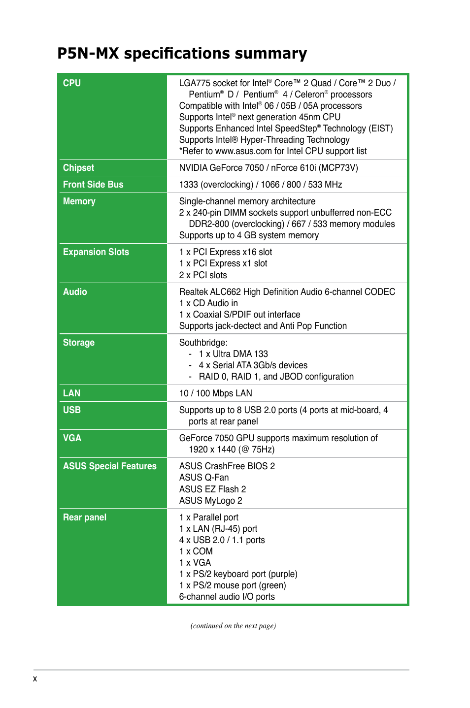 P5n-mx specifications summary | Asus P5N-MX User Manual | Page 10 / 100