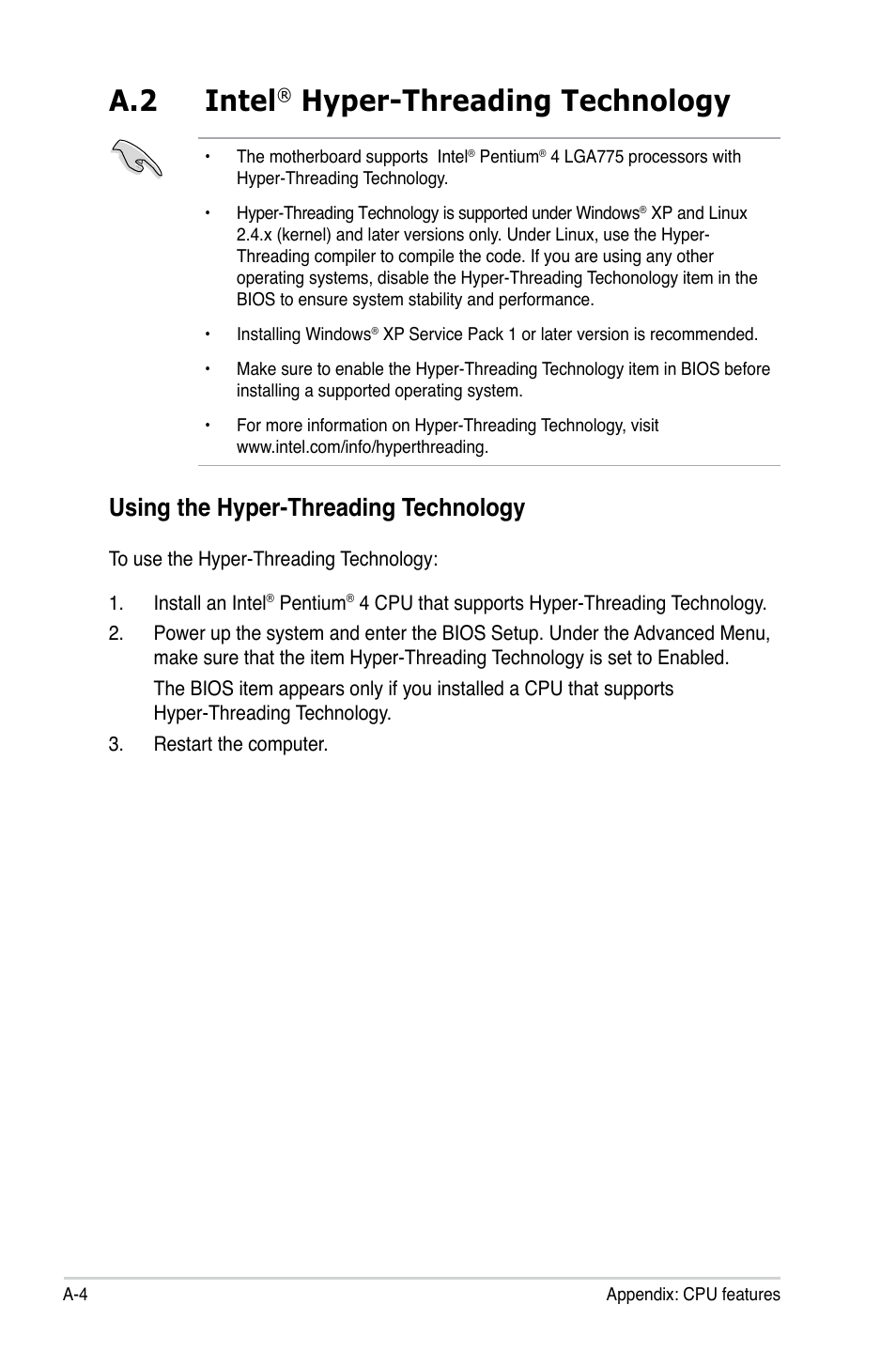 A.2 intel, Hyper-threading technology, Using the hyper-threading technology | Asus P5N-MX User Manual | Page 100 / 100