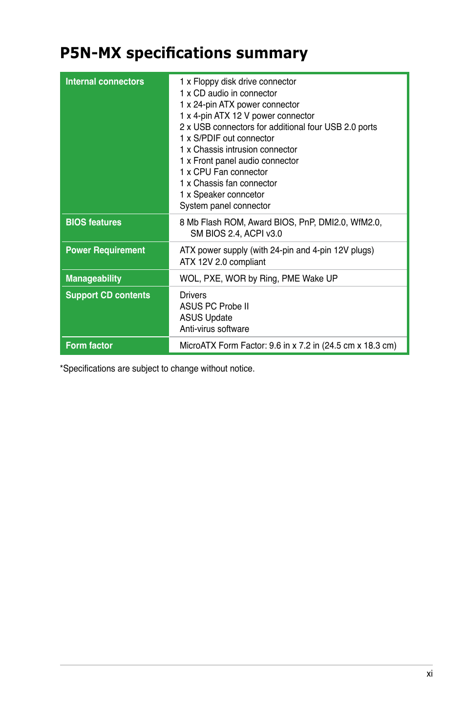 P5n-mx specifications summary | Asus P5N-MX User Manual | Page 11 / 100