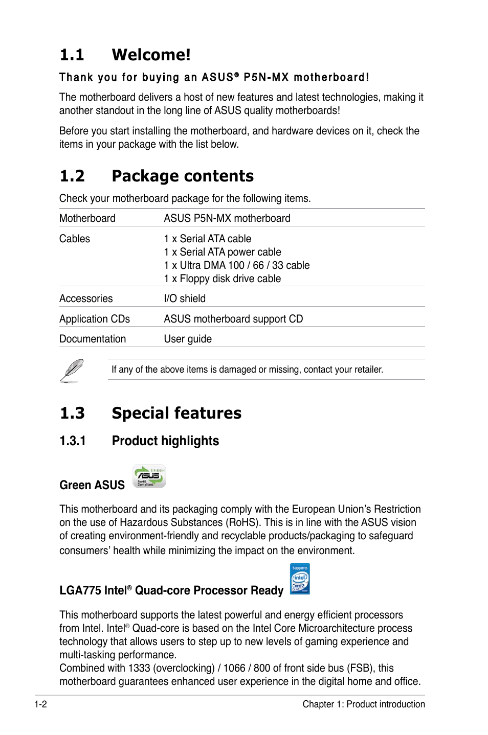 1 welcome, 2 package contents, 3 special features | 1 product highlights | Asus P5N-MX User Manual | Page 14 / 100