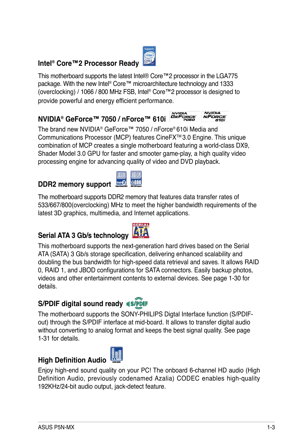 Intel, Core™2 processor ready, Nvidia | Serial ata 3 gb/s technology, S/pdif digital sound ready, High definition audio | Asus P5N-MX User Manual | Page 15 / 100