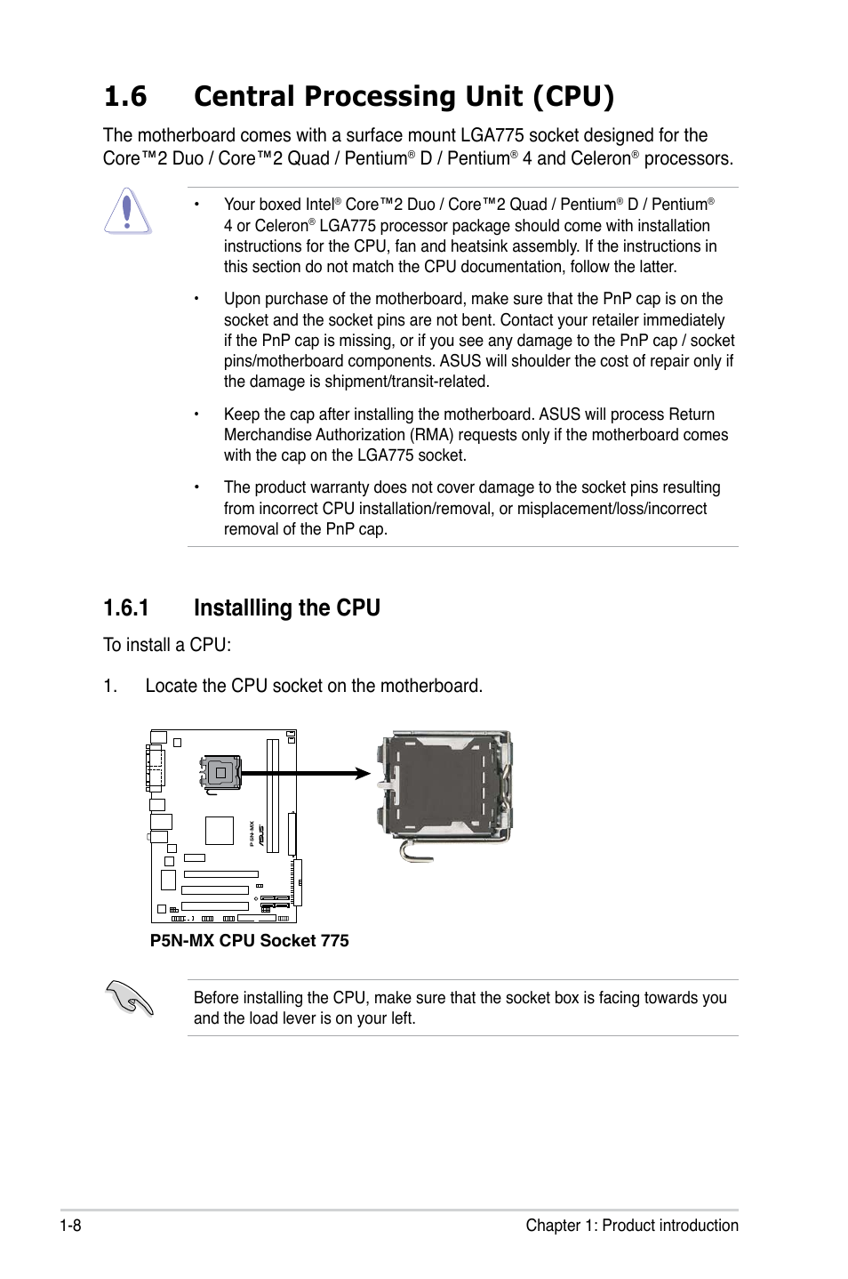 6 central processing unit (cpu), 1 installling the cpu | Asus P5N-MX User Manual | Page 20 / 100