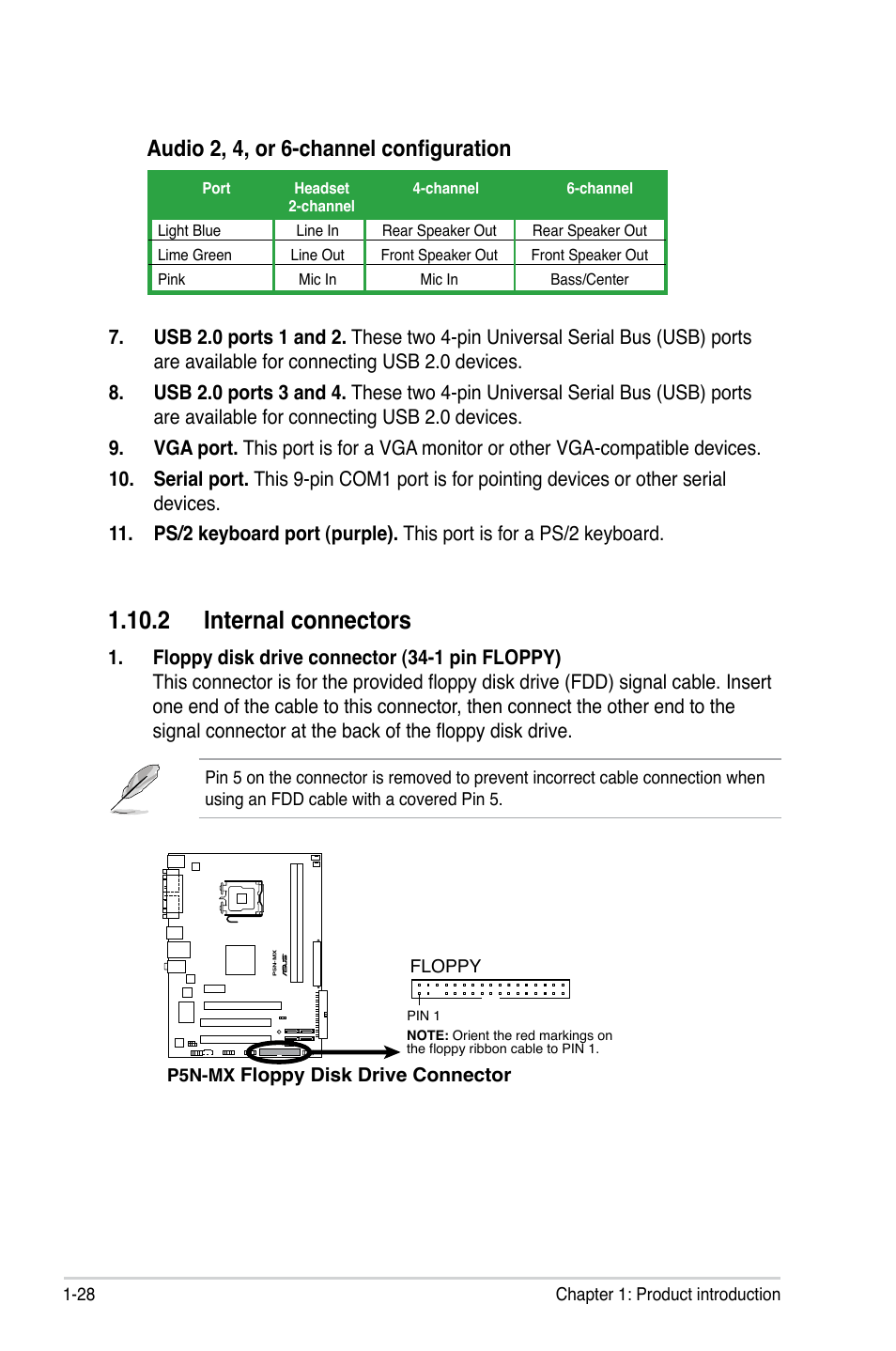 2 internal connectors, Audio 2, 4, or 6-channel configuration | Asus P5N-MX User Manual | Page 40 / 100