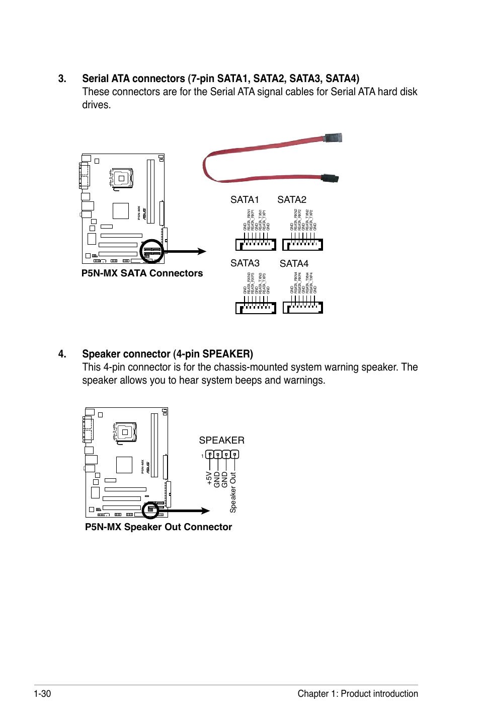 30 chapter 1: product introduction, P5n-mx sata connectors, Sata3 | Sata2, Sata1, Sata4, P5n-mx speaker out connector speaker, 5 v gn d gn d speaker ou t | Asus P5N-MX User Manual | Page 42 / 100