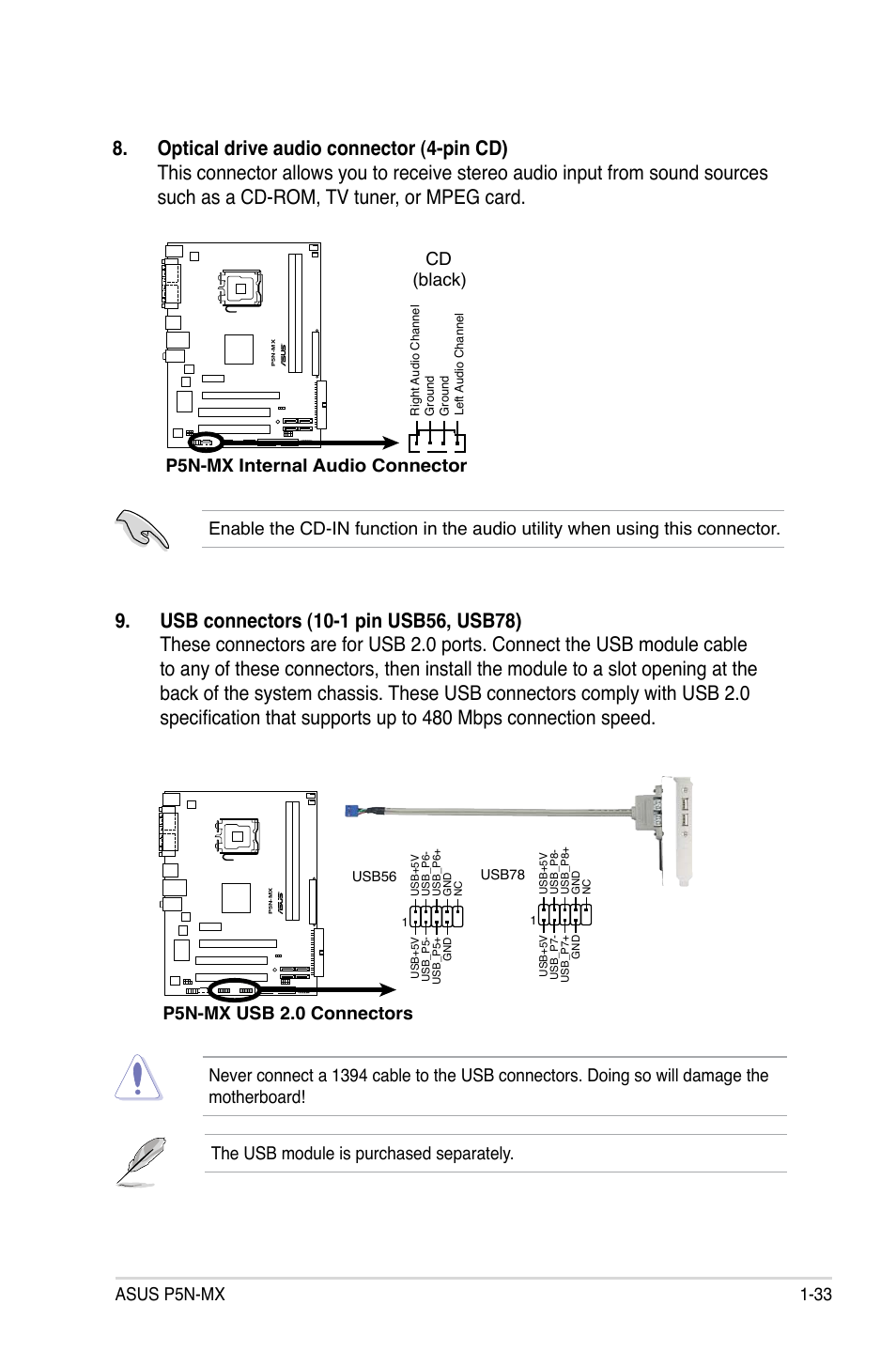 Asus p5n-mx 1-33, P5n-mx internal audio connector cd (black), P5n-mx usb 2.0 connectors | Asus P5N-MX User Manual | Page 45 / 100