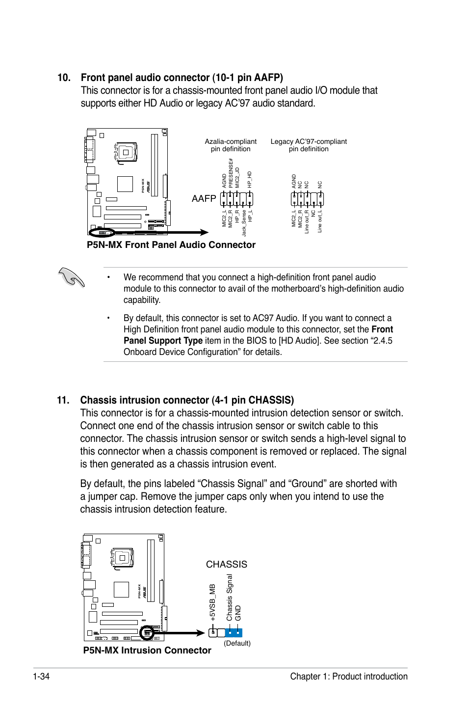34 chapter 1: product introduction, P5n-mx front panel audio connector, Aafp | Chassis, P5n-mx intrusion connector | Asus P5N-MX User Manual | Page 46 / 100