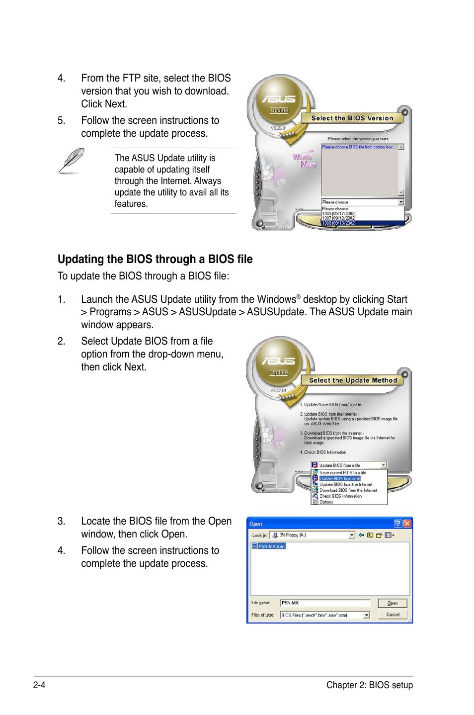 Updating the bios through a bios file | Asus P5N-MX User Manual | Page 52 / 100