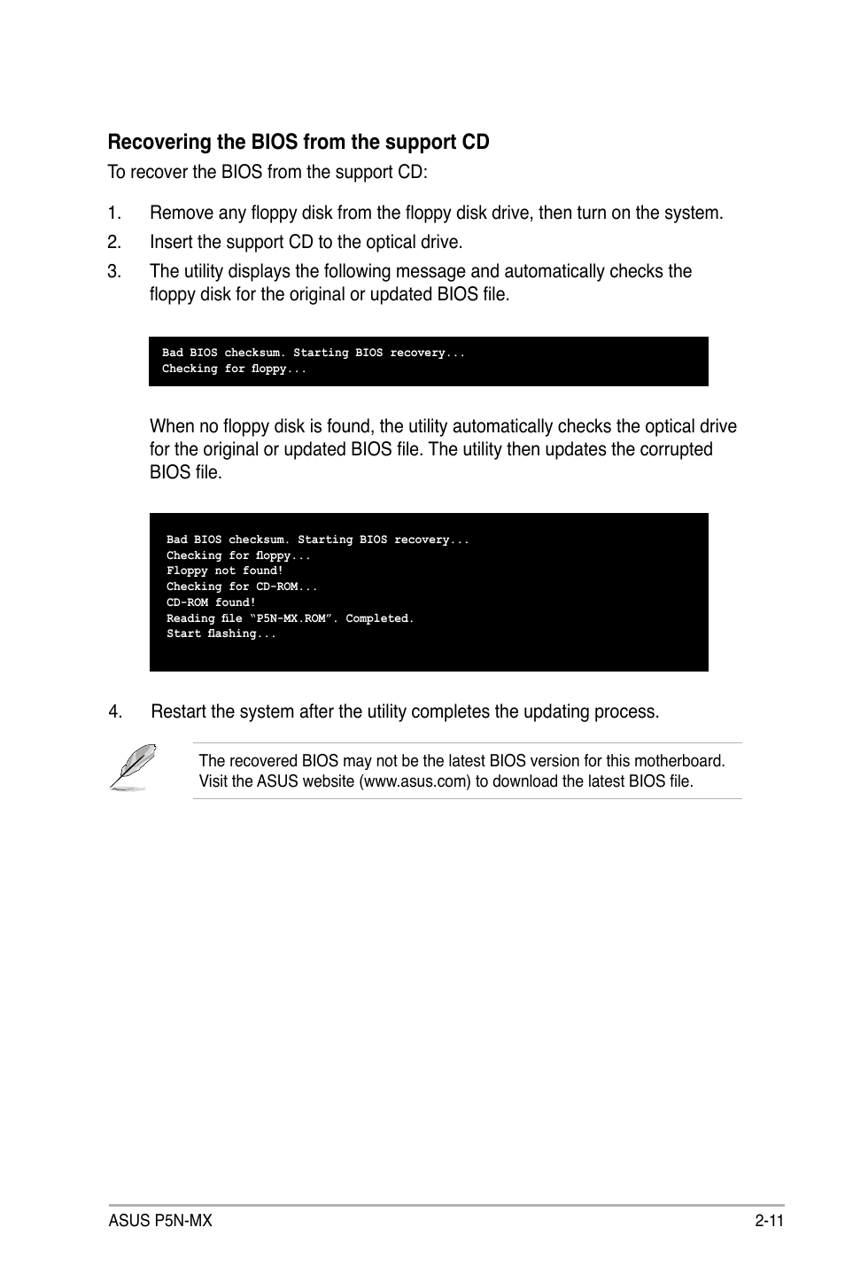 Recovering the bios from the support cd | Asus P5N-MX User Manual | Page 59 / 100