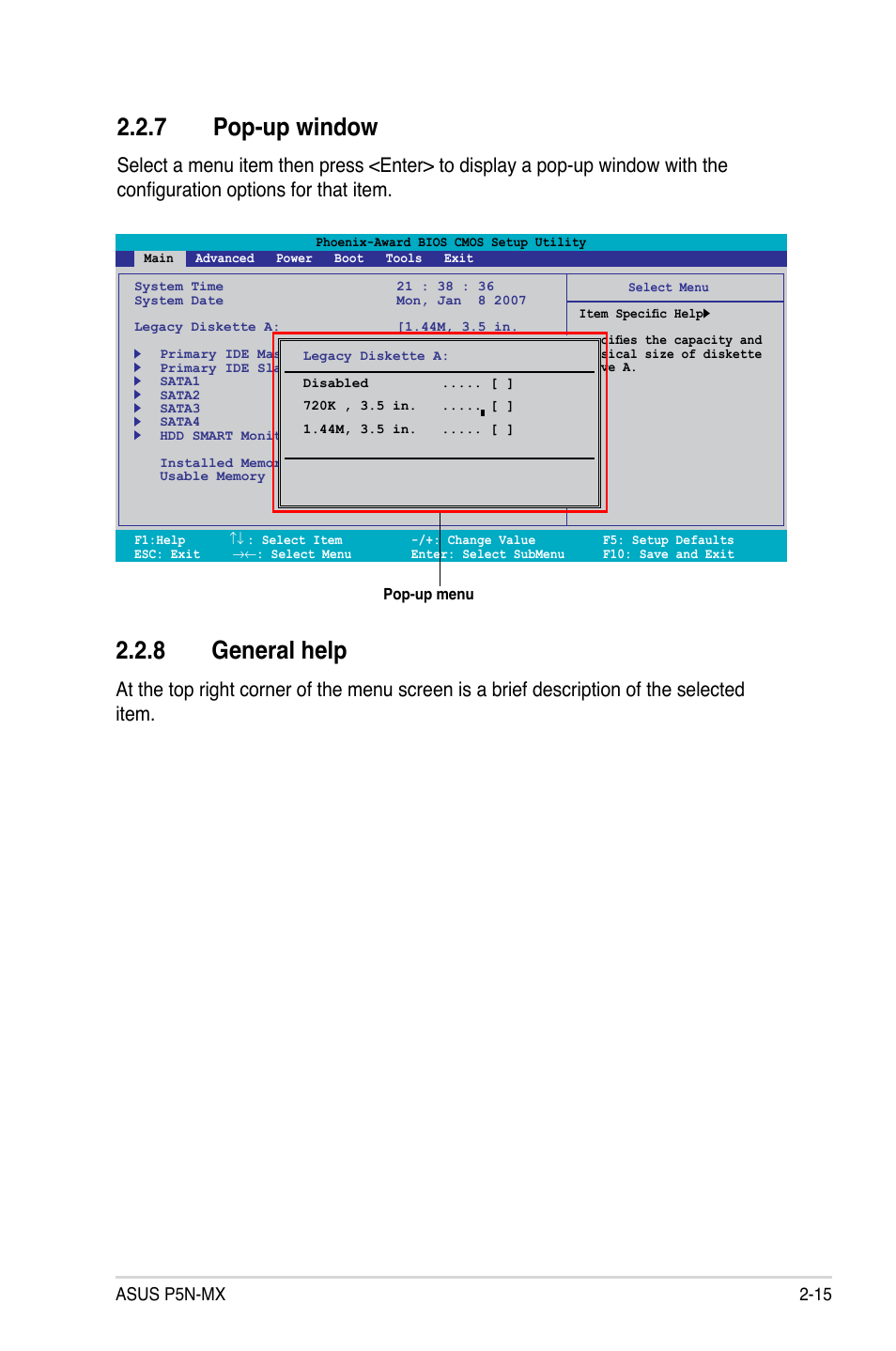 7 pop-up window, 8 general help, Asus p5n-mx 2-15 | Asus P5N-MX User Manual | Page 63 / 100