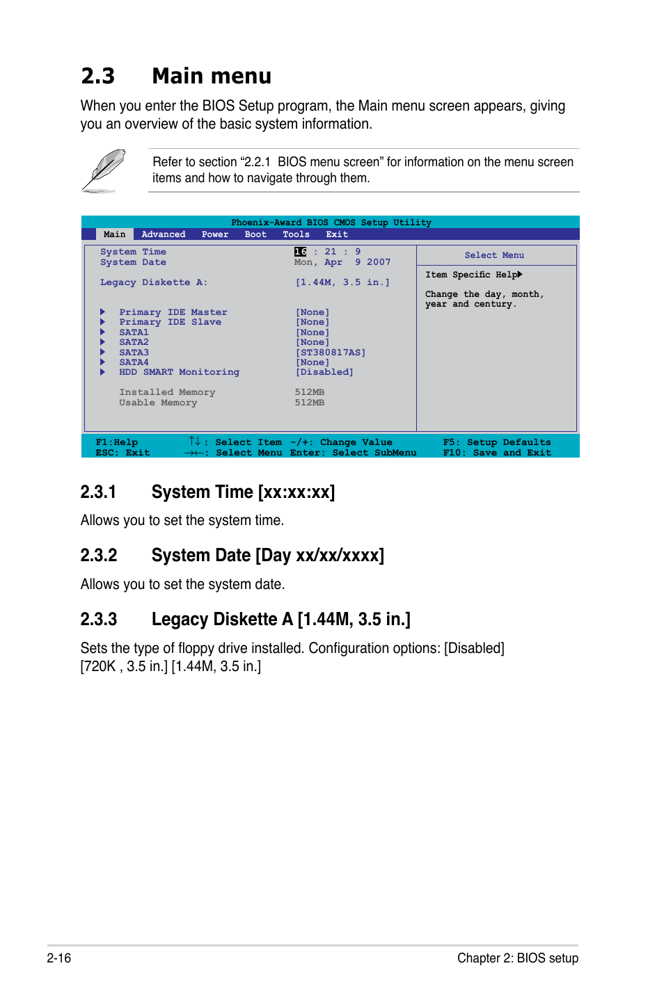 3 main menu, 1 system time [xx:xx:xx, Allows you to set the system time | Allows you to set the system date | Asus P5N-MX User Manual | Page 64 / 100