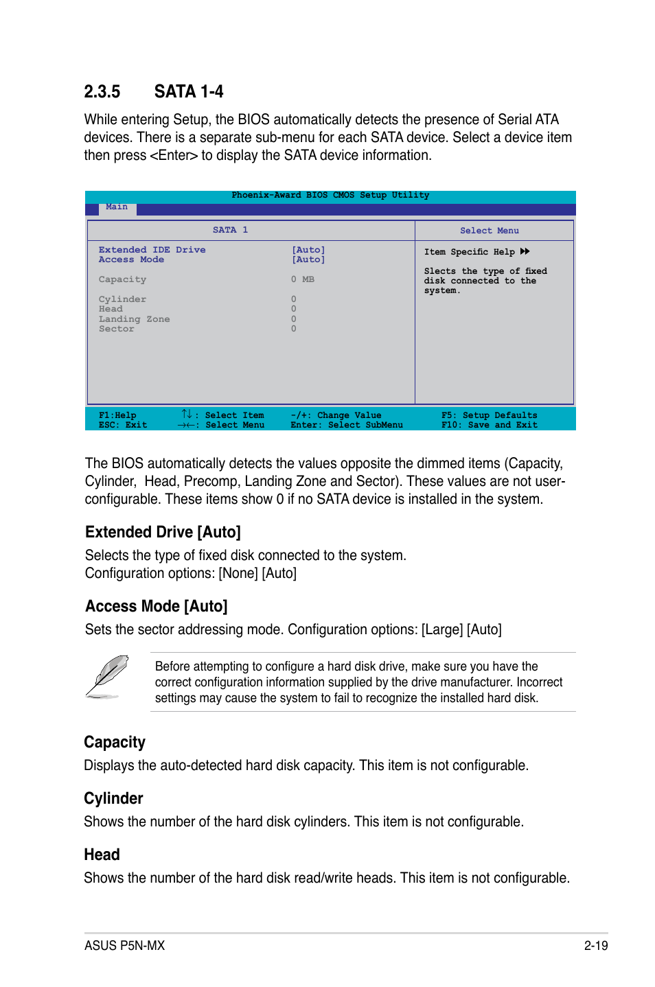 5 sata 1-4, Extended drive [auto, Access mode [auto | Capacity, Cylinder, Head | Asus P5N-MX User Manual | Page 67 / 100