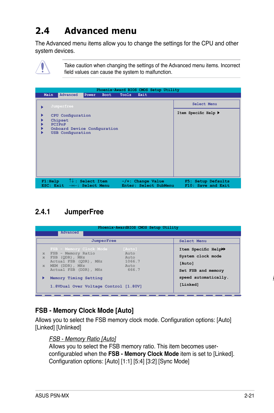 4 advanced menu, 1 jumperfree | Asus P5N-MX User Manual | Page 69 / 100